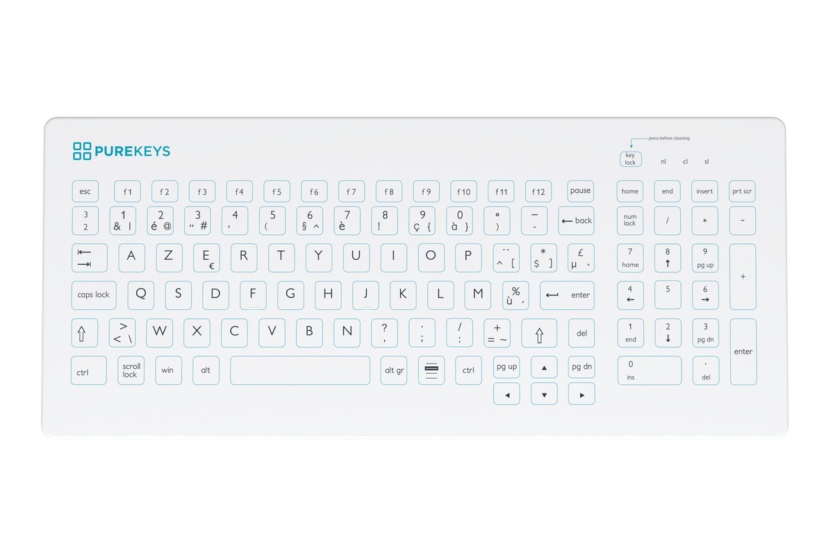 Bovenaanzicht van het Purekeys medisch toetsenbord Compact Fixed Angle BE Azerty wit met vlak oppervlak en numeriek gedeelte.