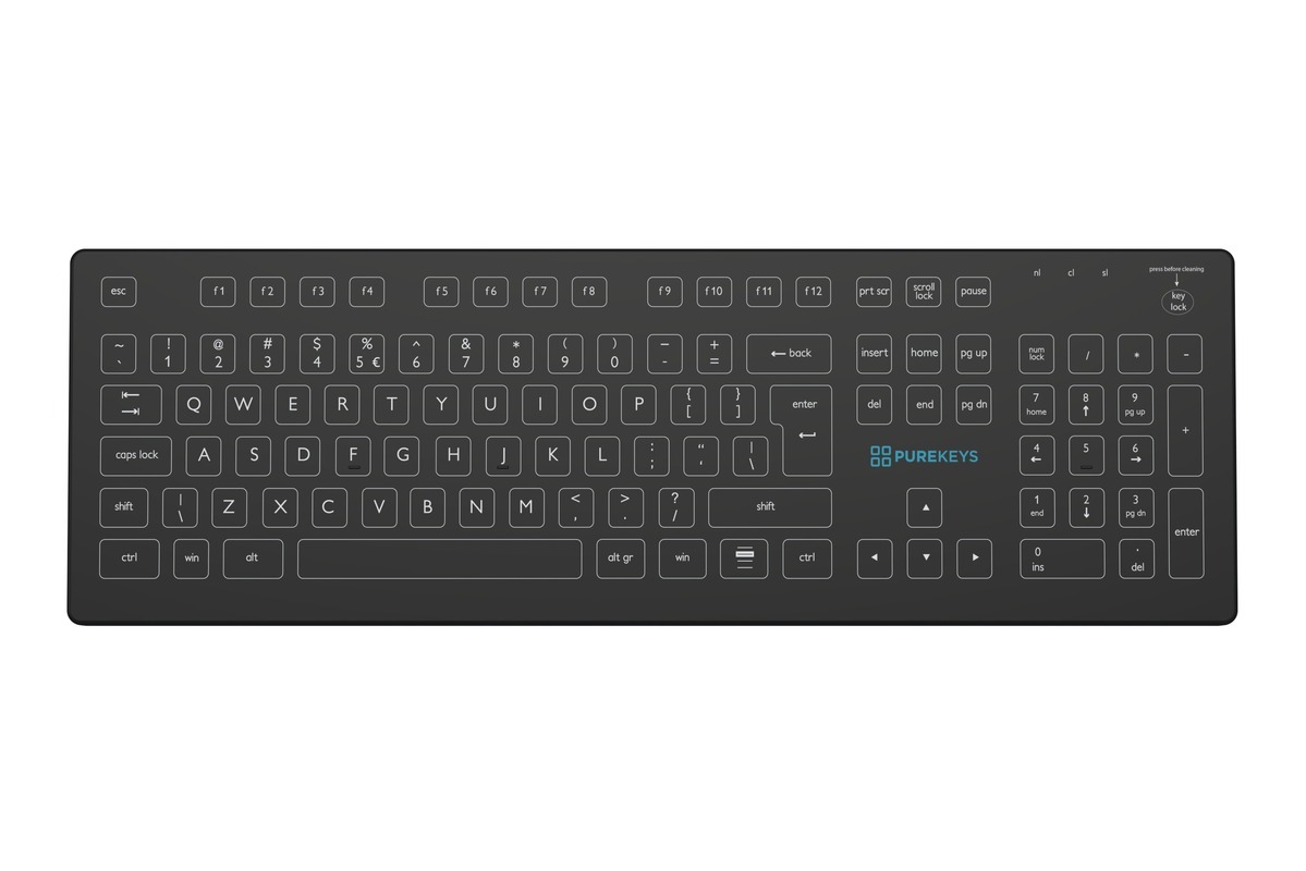 Bovenaanzicht Purekeys medisch toetsenbord Full Size US zwart