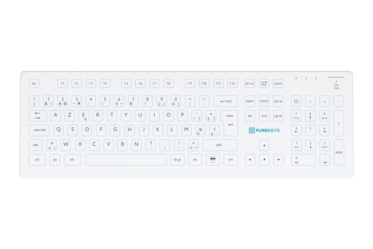 Bovenaanzicht van het Purekeys medisch toetsenbord draadloos BE Azerty wit met vlak oppervlak en Belgisch AZERTY-toetsenblok.