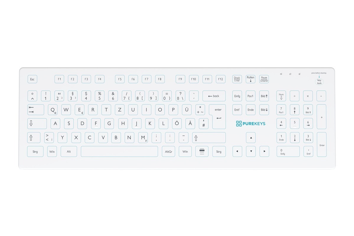 Bovenaanzicht van het Purekeys medisch toetsenbord draadloos DE wit met Duitse QWERTZ-indeling en numeriek toetsenblok.