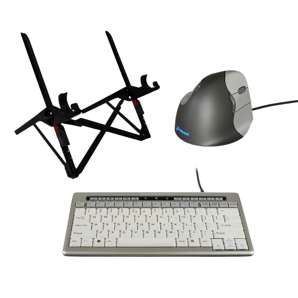 Thuiswerkset met Evoluent4 Verticale muis bedraad, S-board 840 toetsenbord bedraad en Roost V3 laptopstandaard