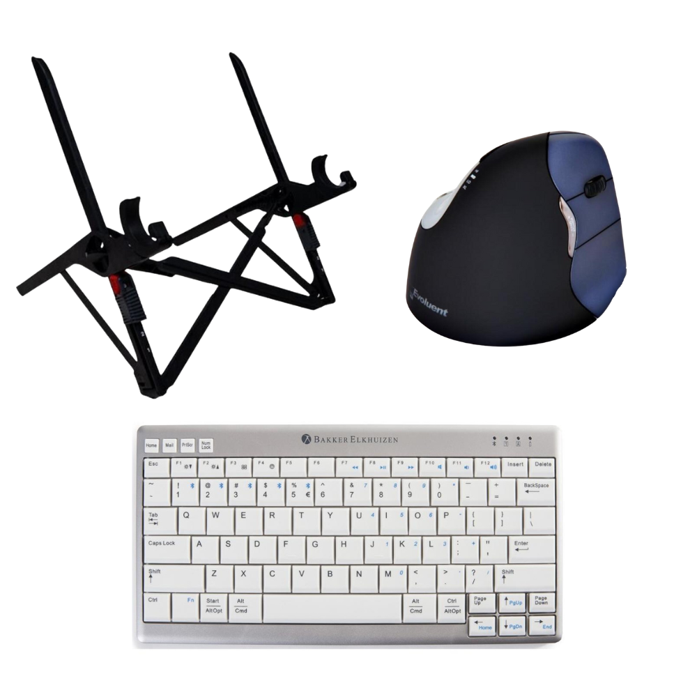 Thuiswerkset Ergo Compact Pro Draadloos met Evoluent 4 draadloos, Ultraboard 950 toetsenbord bluetooth en Roost V3 laptopstandaard.