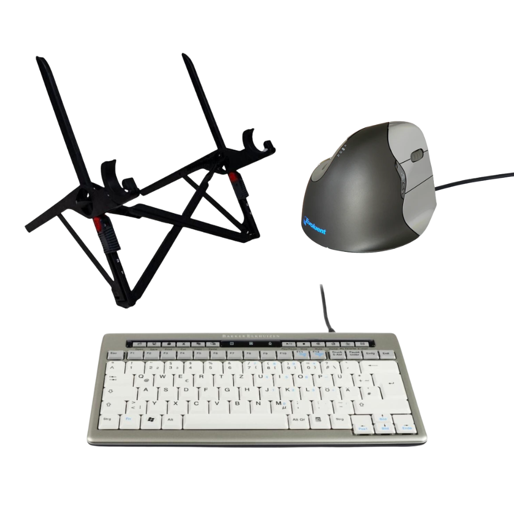 Thuiswerkset Ergo Compact Pro met QWERTZ DE toetsenbord, Evoluent muis en Roost v3 laptopstandaard