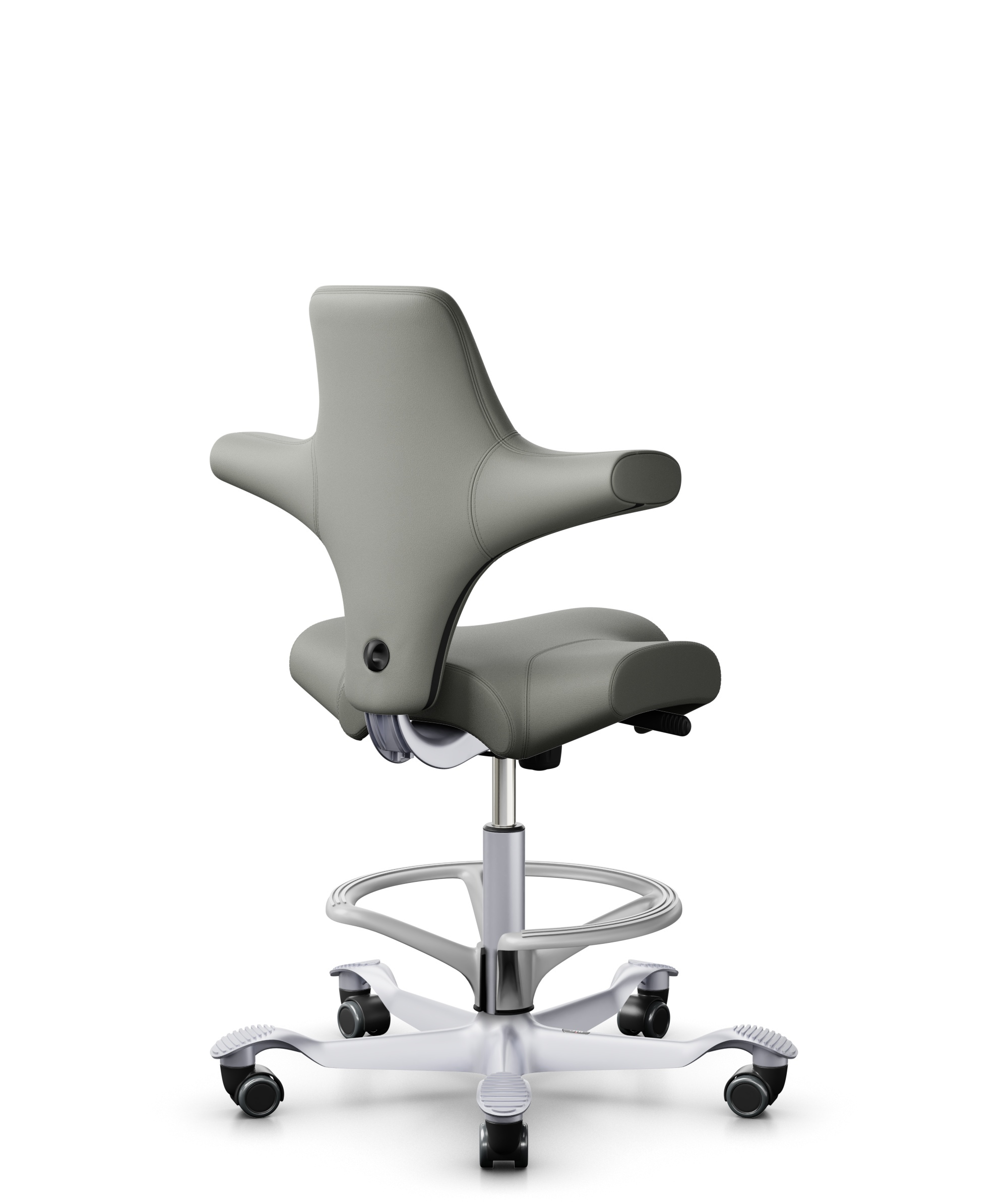 HÅG Capisco 8106 - Paloma Soft (Wollsdorf) - Semi-aniline Leder - PL55115 Warm grey - Framekleur - Zilver - Gasveer - 265 mm (Zithoogte 53-79cm) - Vloercontact - Harde wielen t.b.v. zachte vloeren - Voetenring - Ja, in framekleur - Voetster - Nee, voet... - 1