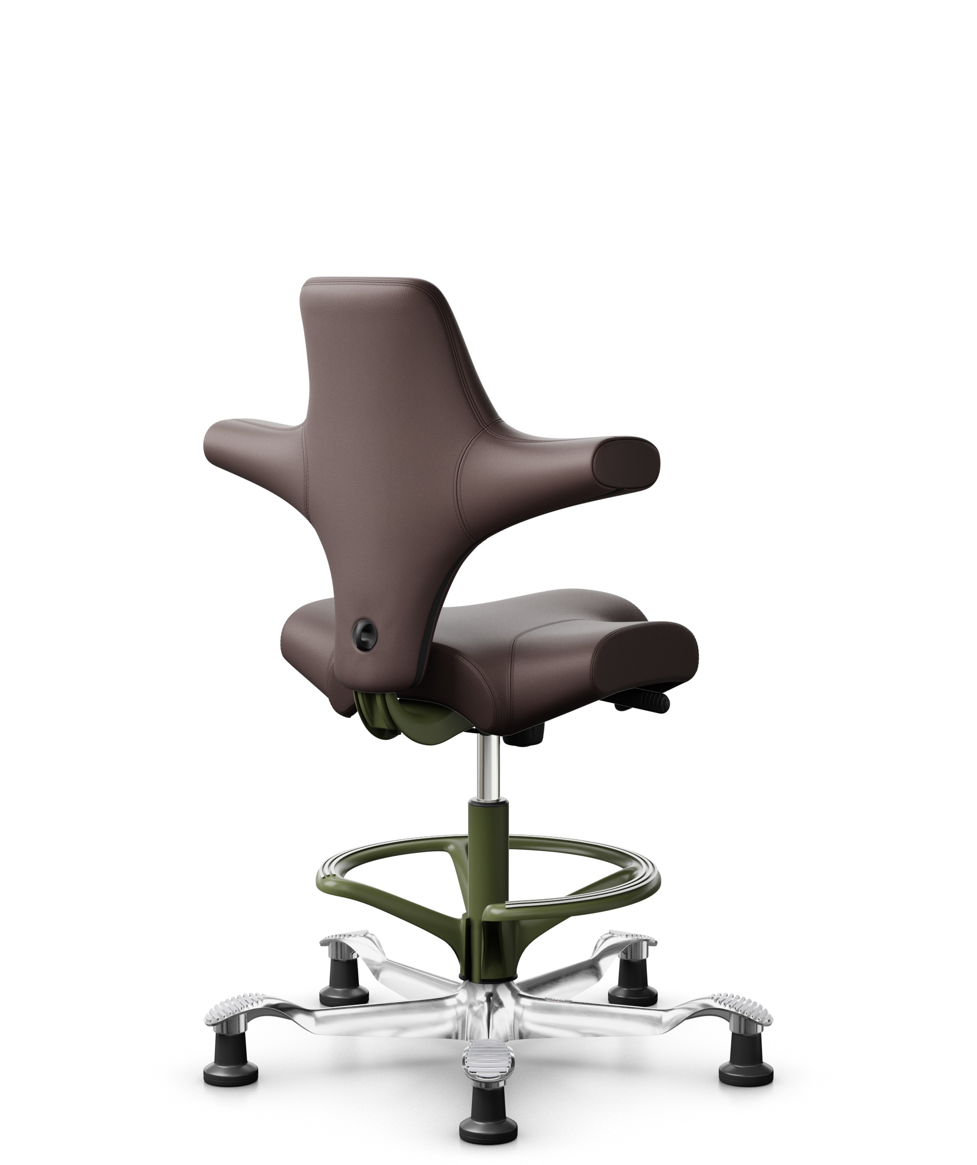 HÅG Capisco 8106 - Paloma Soft (Wollsdorf) - Semi-aniline Leder - PL55130 Dark brown - Framekleur - Moss Grey - Gasveer - 265 mm (Zithoogte 53-79cm) - Vloercontact - Glijdoppen - Voetenring - Ja, in framekleur - Voetster - Ja, voetster in gepolijst alu... - 1