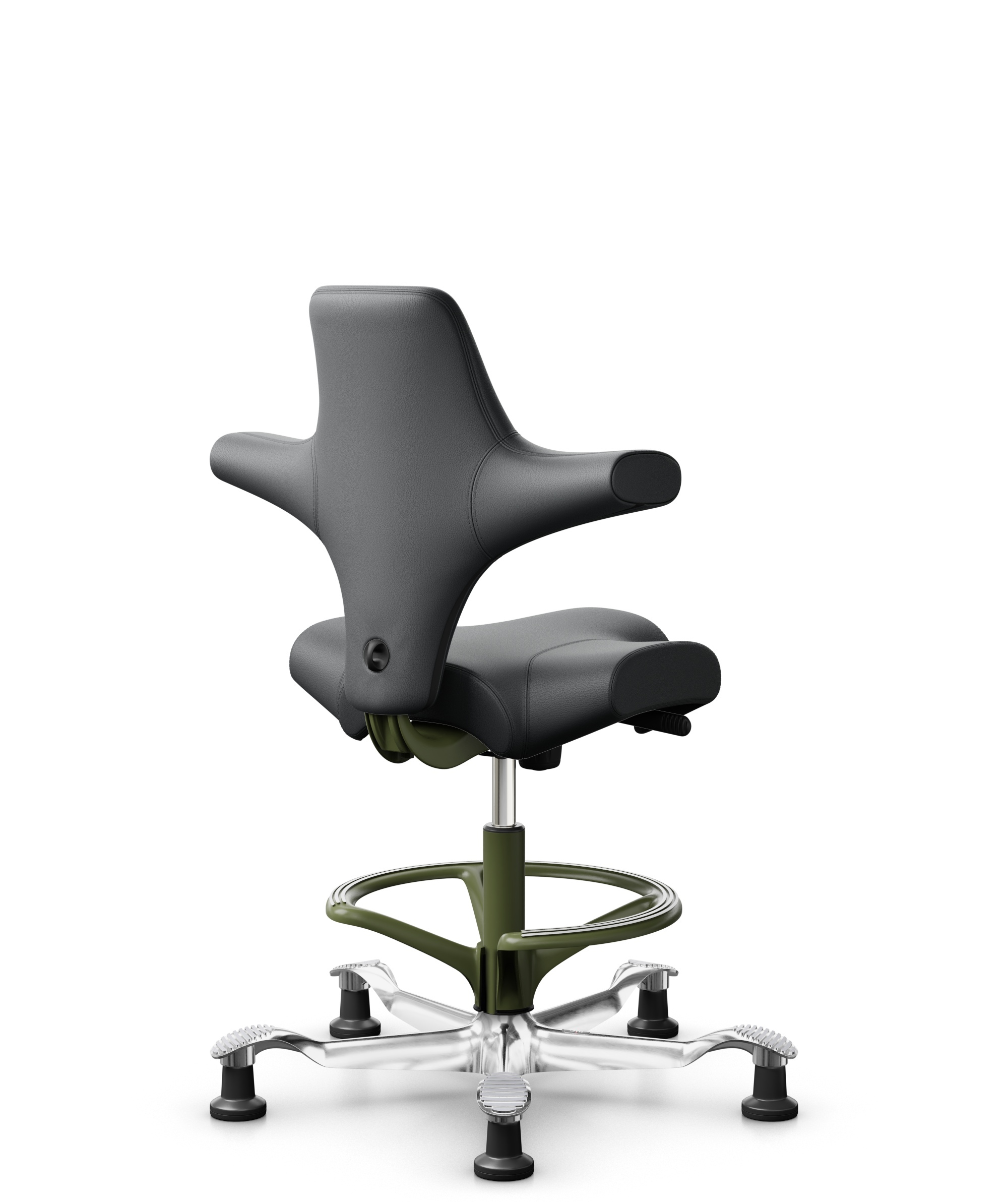 HÅG Capisco 8106 - Paloma Soft (Wollsdorf) - Semi-aniline Leder - PL55206 Grey - Framekleur - Moss Grey - Gasveer - 265 mm (Zithoogte 53-79cm) - Vloercontact - Glijdoppen - Voetenring - Ja, in framekleur - Voetster - Ja, voetster in gepolijst aluminium - 1