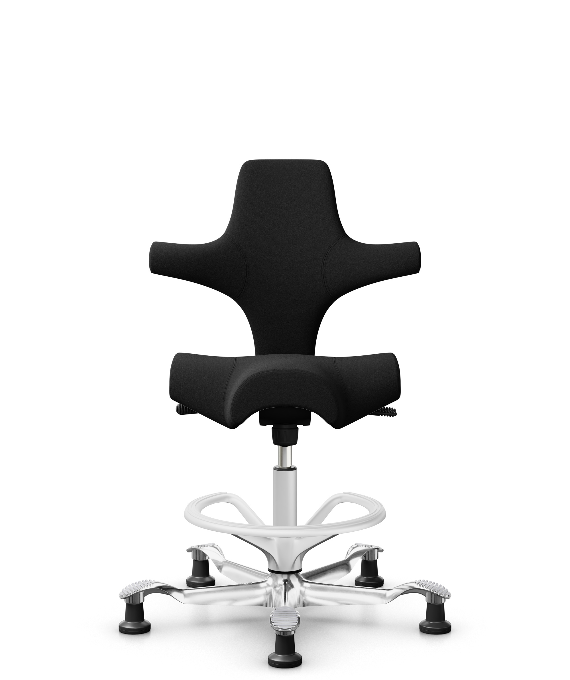 HÅG Capisco 8106 - Xtreme (Camira) - Gerecycled Polyester - EXR009 - Black - Framekleur - Wit - Gasveer - 200 mm (Zithoogte 46-64cm) - Vloercontact - Glijdoppen - Voetenring - Ja, in framekleur - Voetster - Ja, voetster in gepolijst aluminium - 1