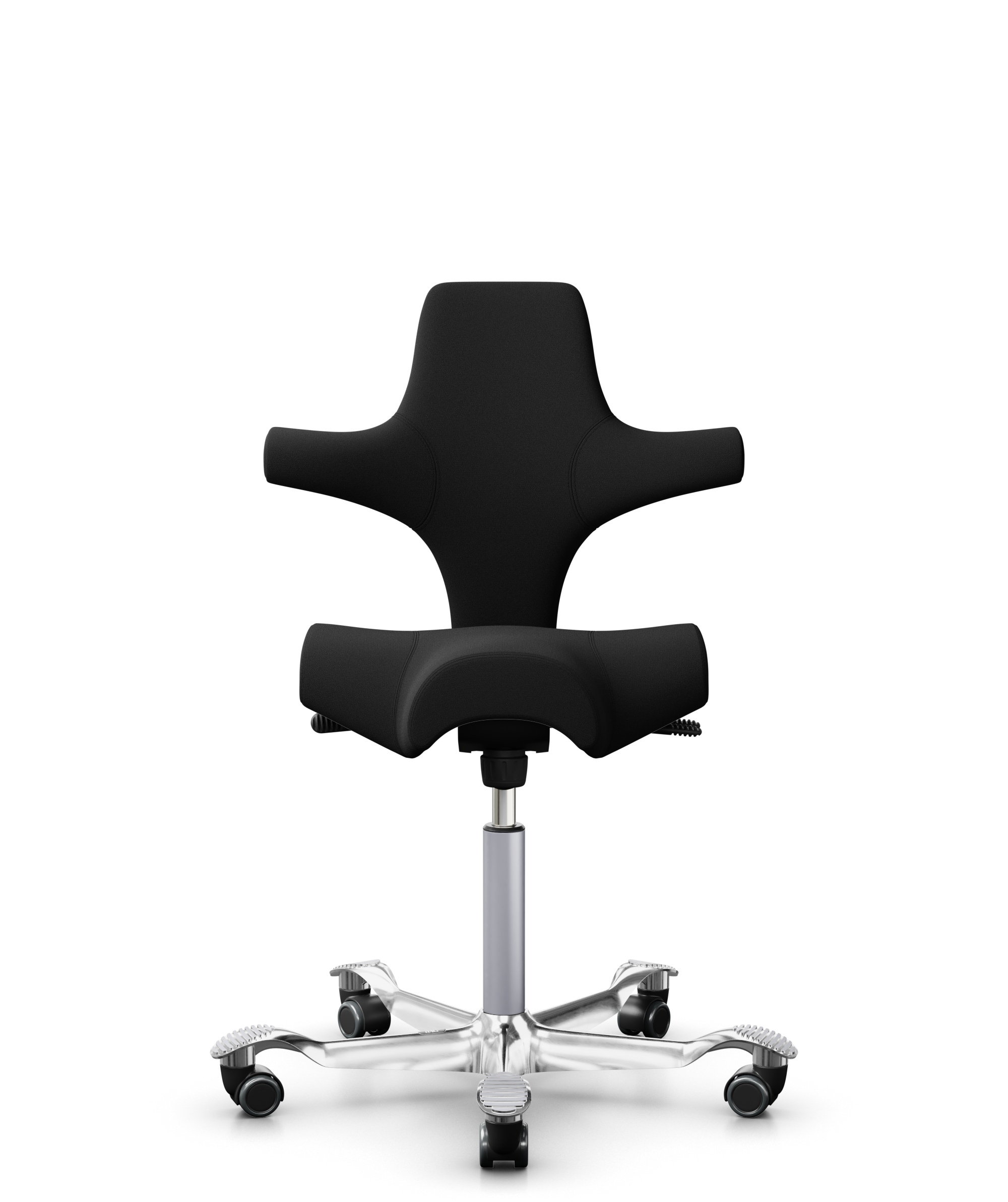 HÅG Capisco 8106 - Xtreme (Camira) - Gerecycled Polyester - EXR009 - Black - Framekleur - Zilver - Gasveer - 150 mm (Zithoogte 40-55cm) - Vloercontact - Harde wielen t.b.v. zachte vloeren - Voetenring - Nee, geen voetenring - Voetster - Ja, voetster in... - 1