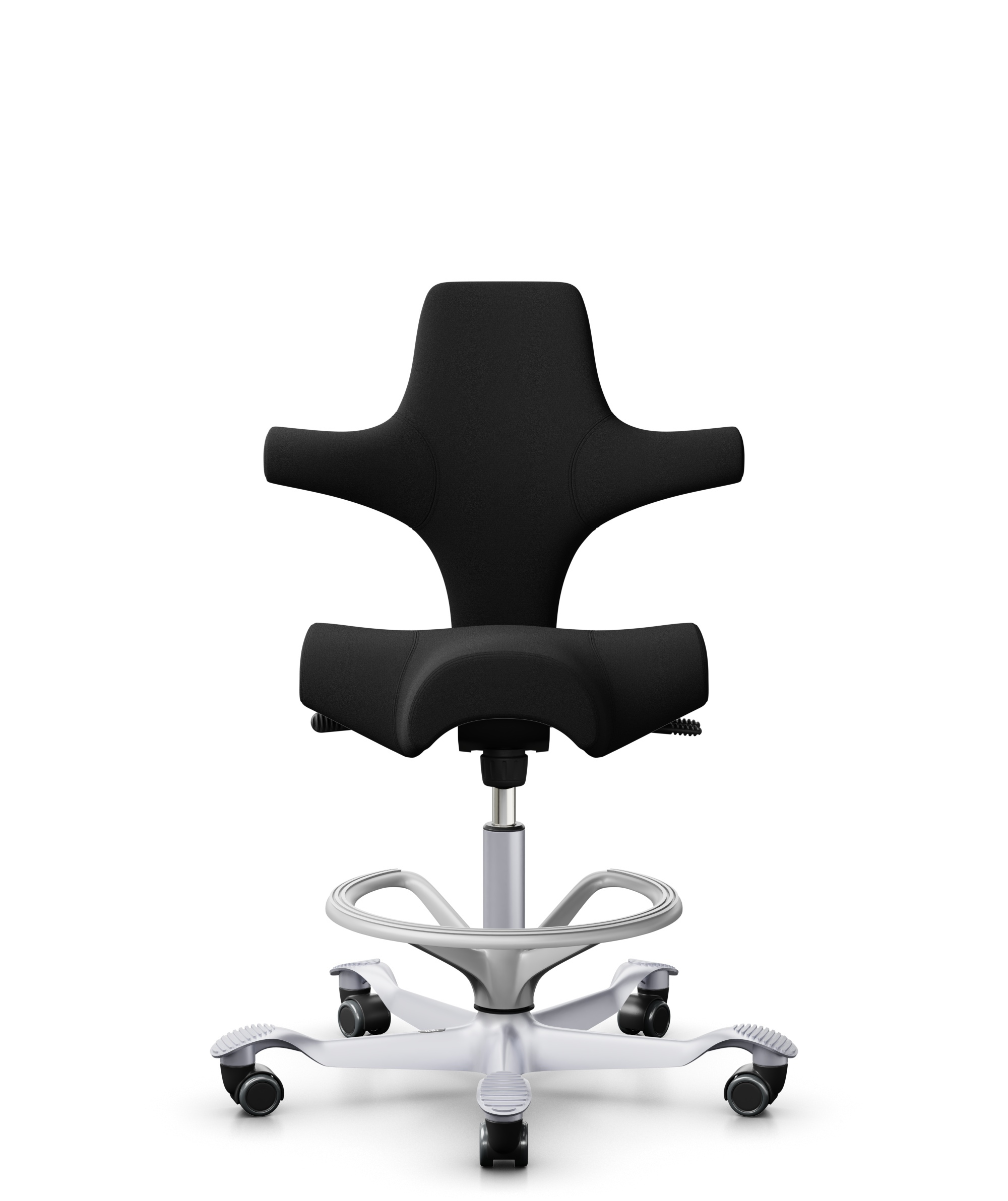 HÅG Capisco 8106 - Xtreme (Camira) - Gerecycled Polyester - EXR009 - Black - Framekleur - Zilver - Gasveer - 200 mm (Zithoogte 46-64cm) - Vloercontact - Harde wielen t.b.v. zachte vloeren - Voetenring - Ja, in framekleur - Voetster - Nee, voetster in f... - 1