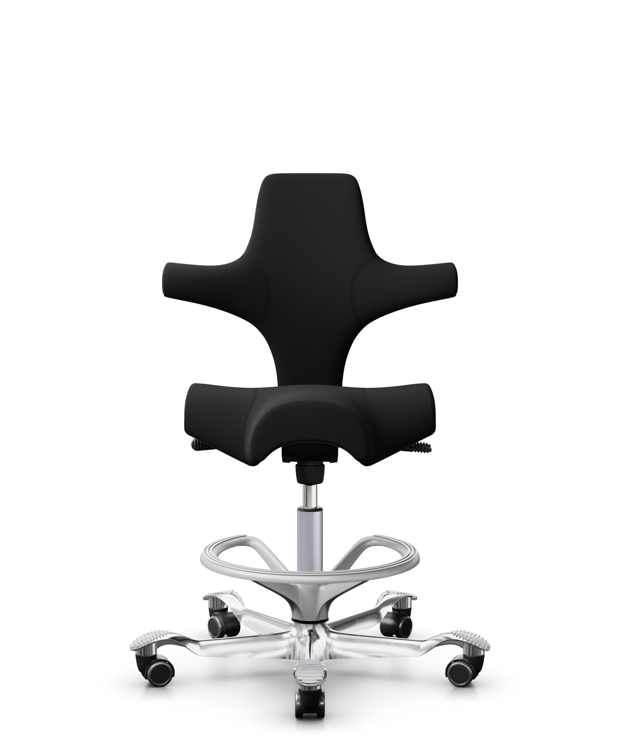 HÅG Capisco 8106 - Xtreme (Camira) - Gerecycled Polyester - EXR009 - Black - Framekleur - Zilver - Gasveer - 265 mm (Zithoogte 53-79cm) - Vloercontact - Harde wielen t.b.v. zachte vloeren - Voetenring - Ja, in framekleur - Voetster - Ja, voetster in ge... - 1