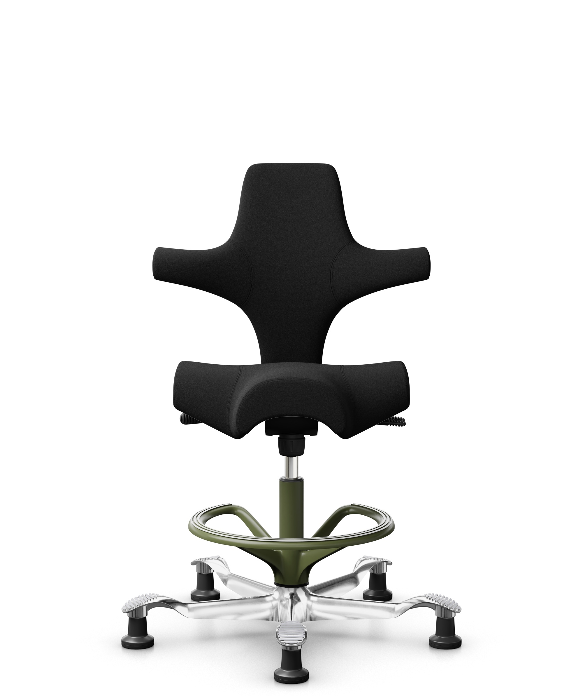 HÅG Capisco 8106 - Xtreme (Camira) - Gerecycled Polyester - EXR009 - Black - Framekleur - Moss Grey - Gasveer - 200 mm (Zithoogte 46-64cm) - Vloercontact - Glijdoppen - Voetenring - Ja, in framekleur - Voetster - Ja, voetster in gepolijst aluminium - 1