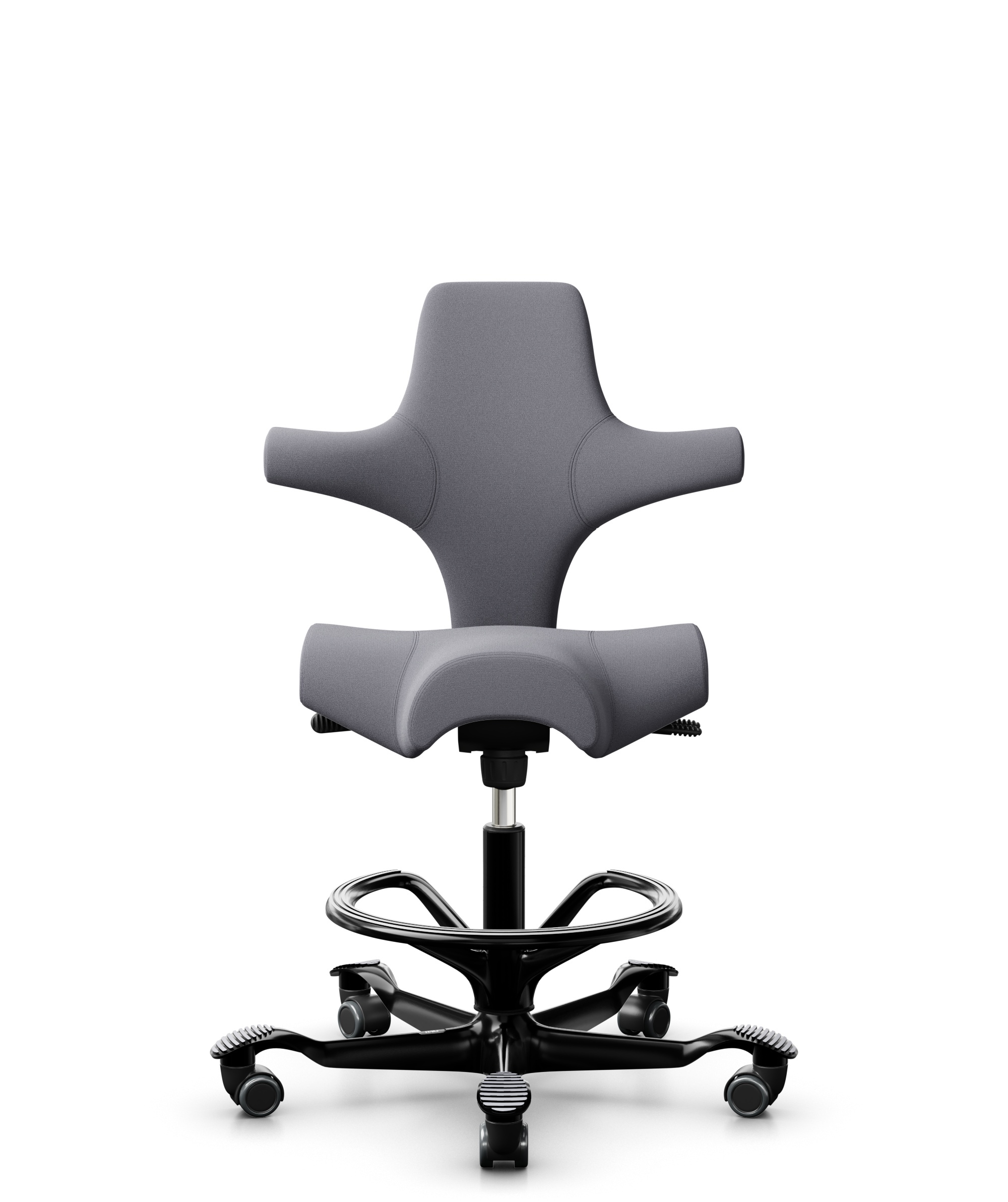 HÅG Capisco 8106 - Xtreme (Camira) - Gerecycled Polyester - EXR081 - Grey - Framekleur - Zwart - Gasveer - 200 mm (Zithoogte 46-64cm) - Vloercontact - Harde wielen t.b.v. zachte vloeren - Voetenring - Ja, in framekleur - Voetster - Nee, voetster in fra... - 1