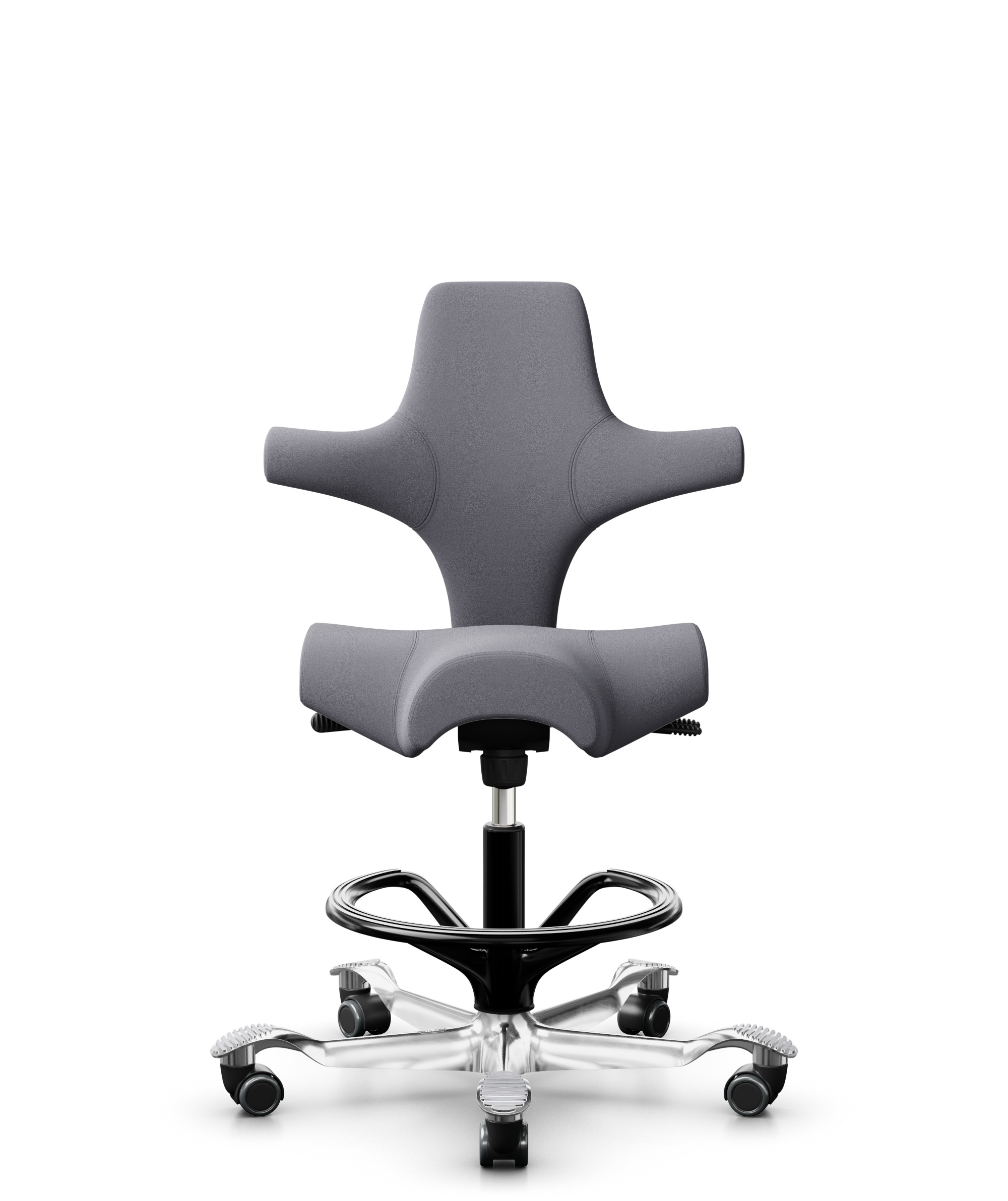 HÅG Capisco 8106 - Xtreme (Camira) - Gerecycled Polyester - EXR081 - Grey - Framekleur - Zwart - Gasveer - 200 mm (Zithoogte 46-64cm) - Vloercontact - Harde wielen t.b.v. zachte vloeren - Voetenring - Ja, in framekleur - Voetster - Ja, voetster in gepo... - 1