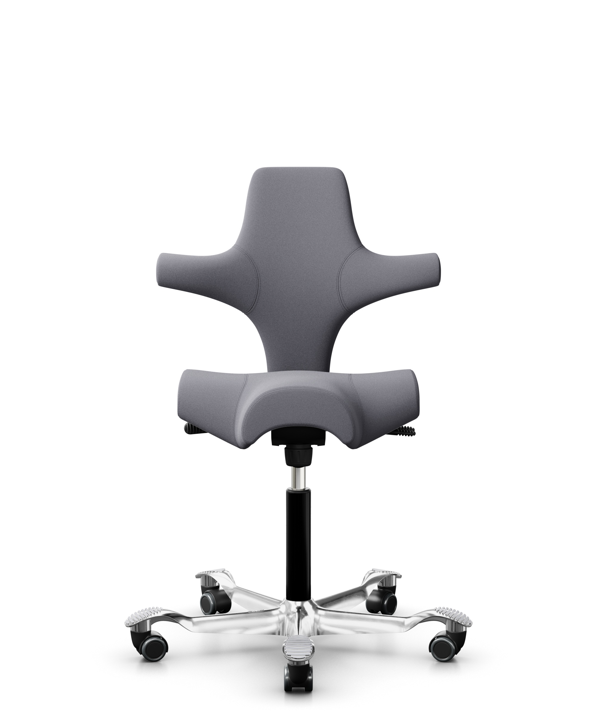 HÅG Capisco 8106 - Xtreme (Camira) - Gerecycled Polyester - EXR081 - Grey - Framekleur - Zwart - Gasveer - 265 mm (Zithoogte 53-79cm) - Vloercontact - Harde wielen t.b.v. zachte vloeren - Voetenring - Nee, geen voetenring - Voetster - Ja, voetster in g... - 1