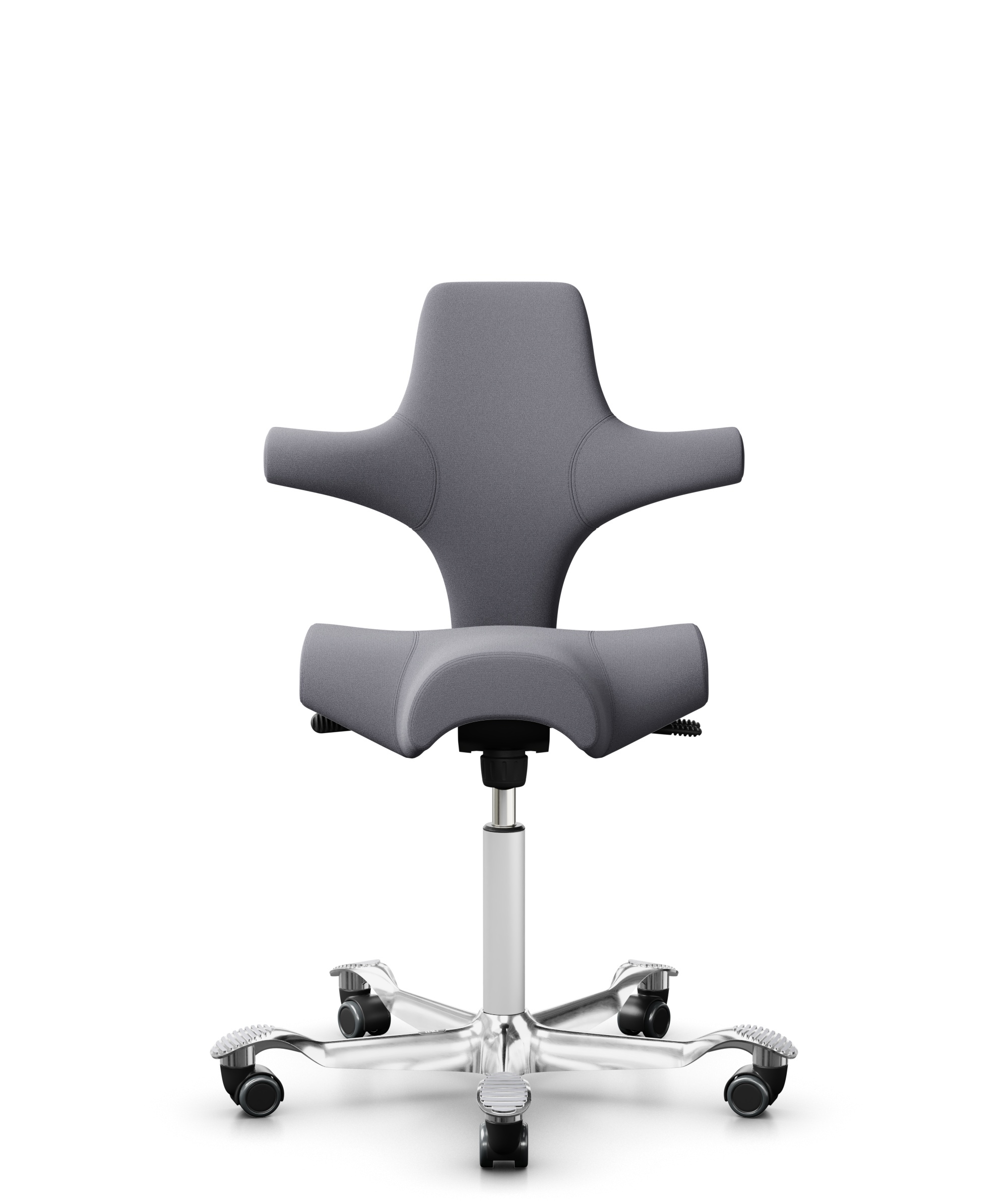 HÅG Capisco 8106 - Xtreme (Camira) - Gerecycled Polyester - EXR081 - Grey - Framekleur - Wit - Gasveer - 150 mm (Zithoogte 40-55cm) - Vloercontact - Harde wielen t.b.v. zachte vloeren - Voetenring - Nee, geen voetenring - Voetster - Ja, voetster in gep... - 1