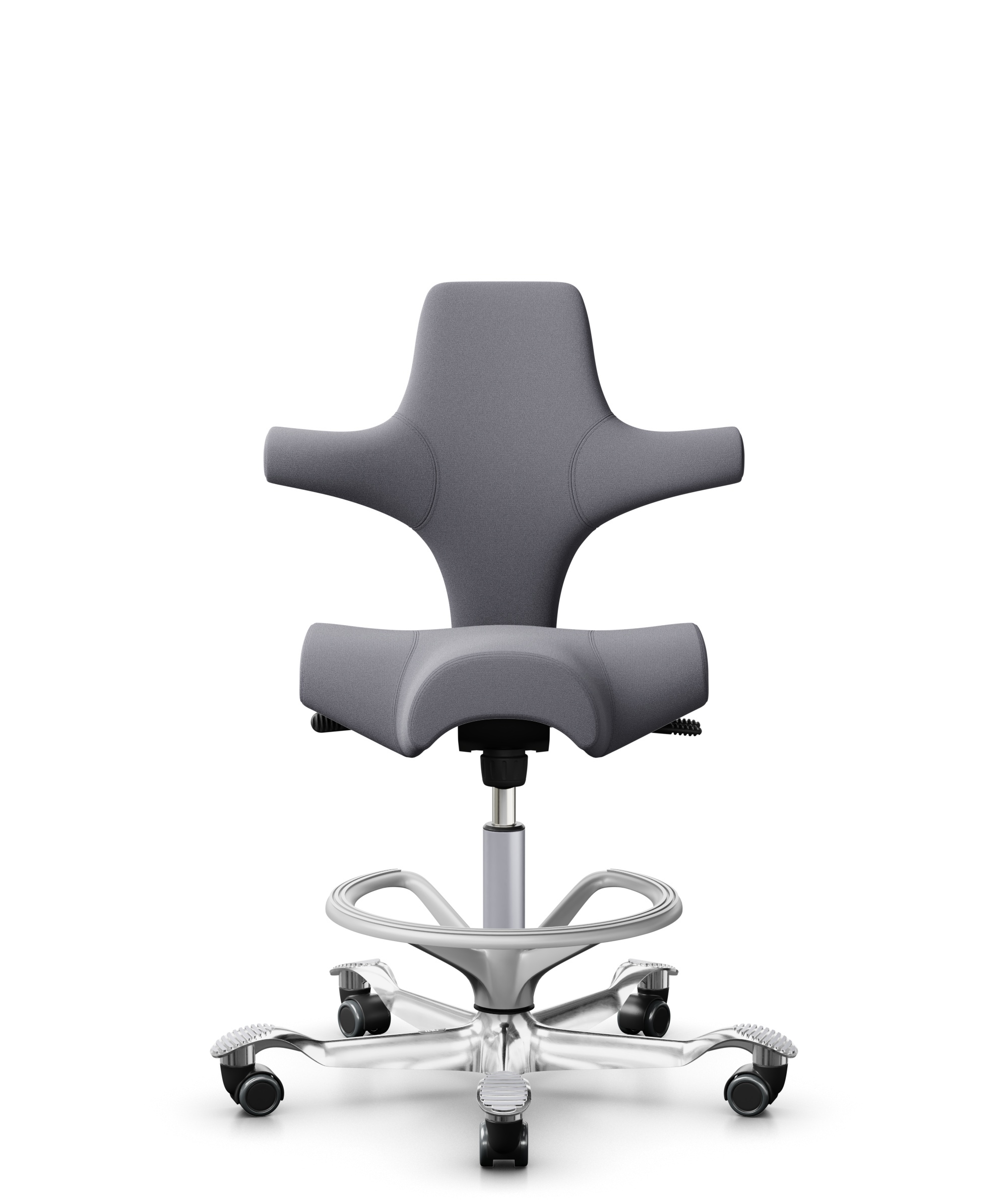 HÅG Capisco 8106 - Xtreme (Camira) - Gerecycled Polyester - EXR081 - Grey - Framekleur - Zilver - Gasveer - 265 mm (Zithoogte 53-79cm) - Vloercontact - Zachte wielen t.b.v. harde vloeren - Voetenring - Ja, in framekleur - Voetster - Ja, voetster in gep... - 1