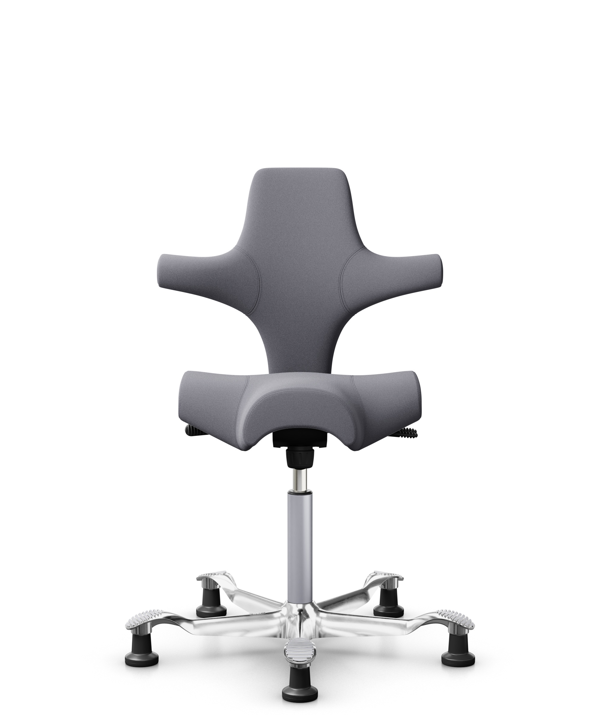 HÅG Capisco 8106 - Xtreme (Camira) - Gerecycled Polyester - EXR081 - Grey - Framekleur - Zilver - Gasveer - 265 mm (Zithoogte 53-79cm) - Vloercontact - Glijdoppen - Voetenring - Nee, geen voetenring - Voetster - Ja, voetster in gepolijst aluminium - 1