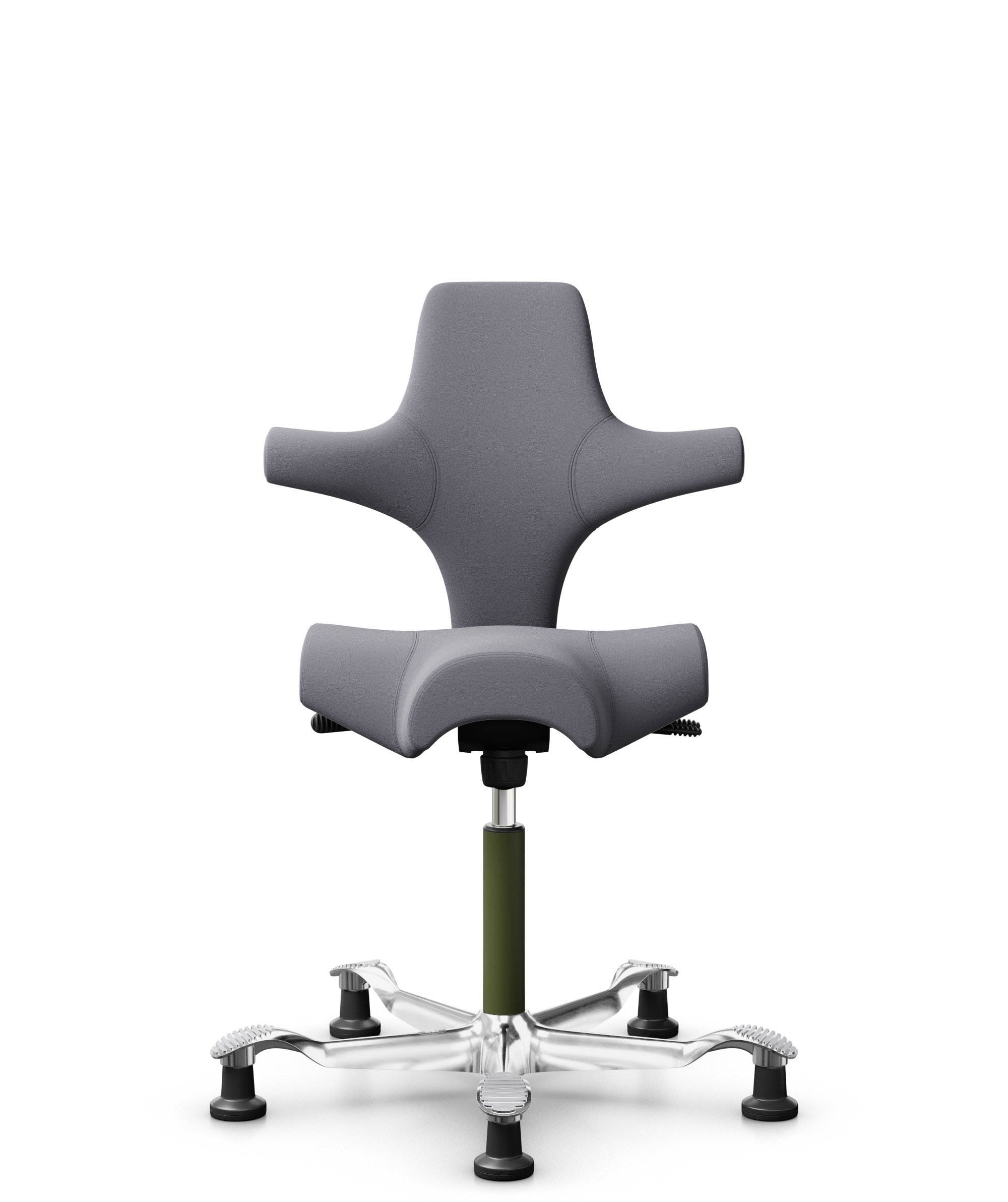 HÅG Capisco 8106 - Xtreme (Camira) - Gerecycled Polyester - EXR081 - Grey - Framekleur - Moss Grey - Gasveer - 150 mm (Zithoogte 40-55cm) - Vloercontact - Glijdoppen - Voetenring - Nee, geen voetenring - Voetster - Ja, voetster in gepolijst aluminium - 1