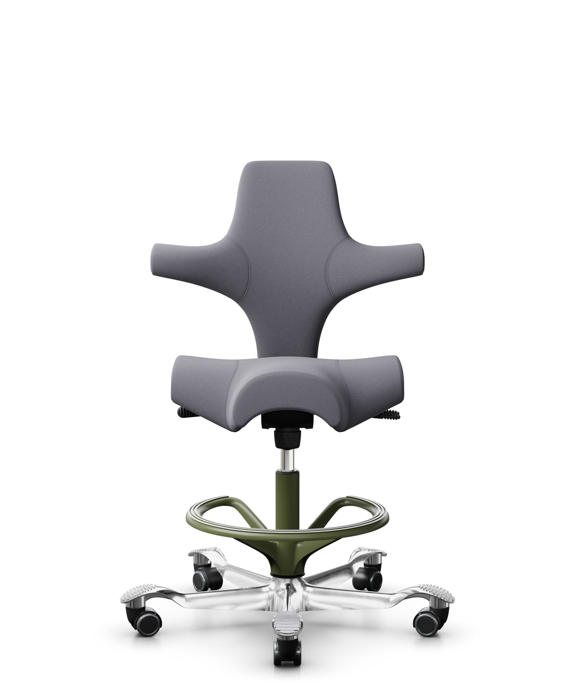 HÅG Capisco 8106 - Xtreme (Camira) - Gerecycled Polyester - EXR081 - Grey - Framekleur - Moss Grey - Gasveer - 200 mm (Zithoogte 46-64cm) - Vloercontact - Zachte wielen t.b.v. harde vloeren - Voetenring - Ja, in framekleur - Voetster - Ja, voetster in ... - 1