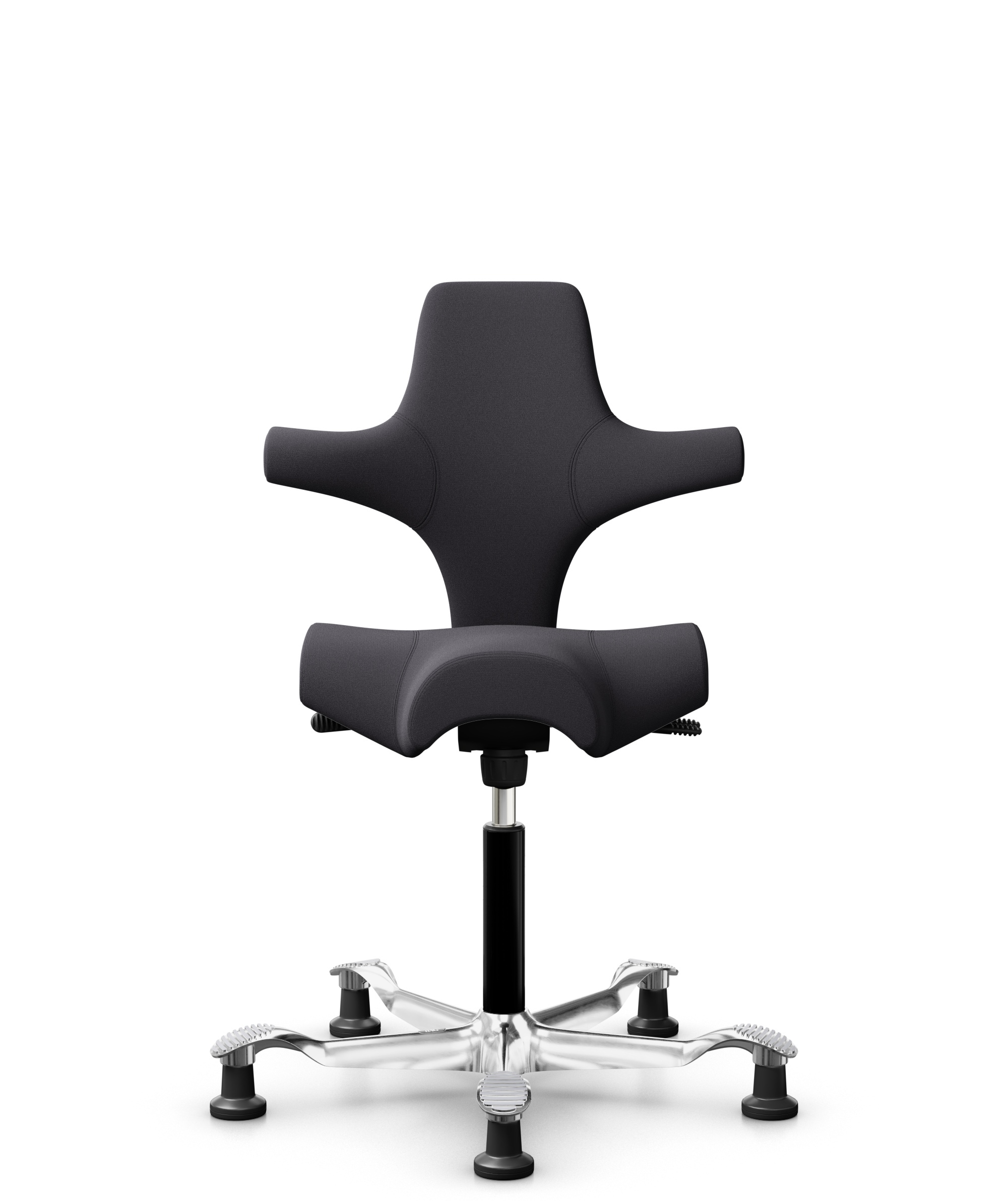 HÅG Capisco 8106 - Xtreme (Camira) - Gerecycled Polyester - EXR145 - Charcoal - Framekleur - Zwart - Gasveer - 265 mm (Zithoogte 53-79cm) - Vloercontact - Glijdoppen - Voetenring - Nee, geen voetenring - Voetster - Ja, voetster in gepolijst aluminium - 1