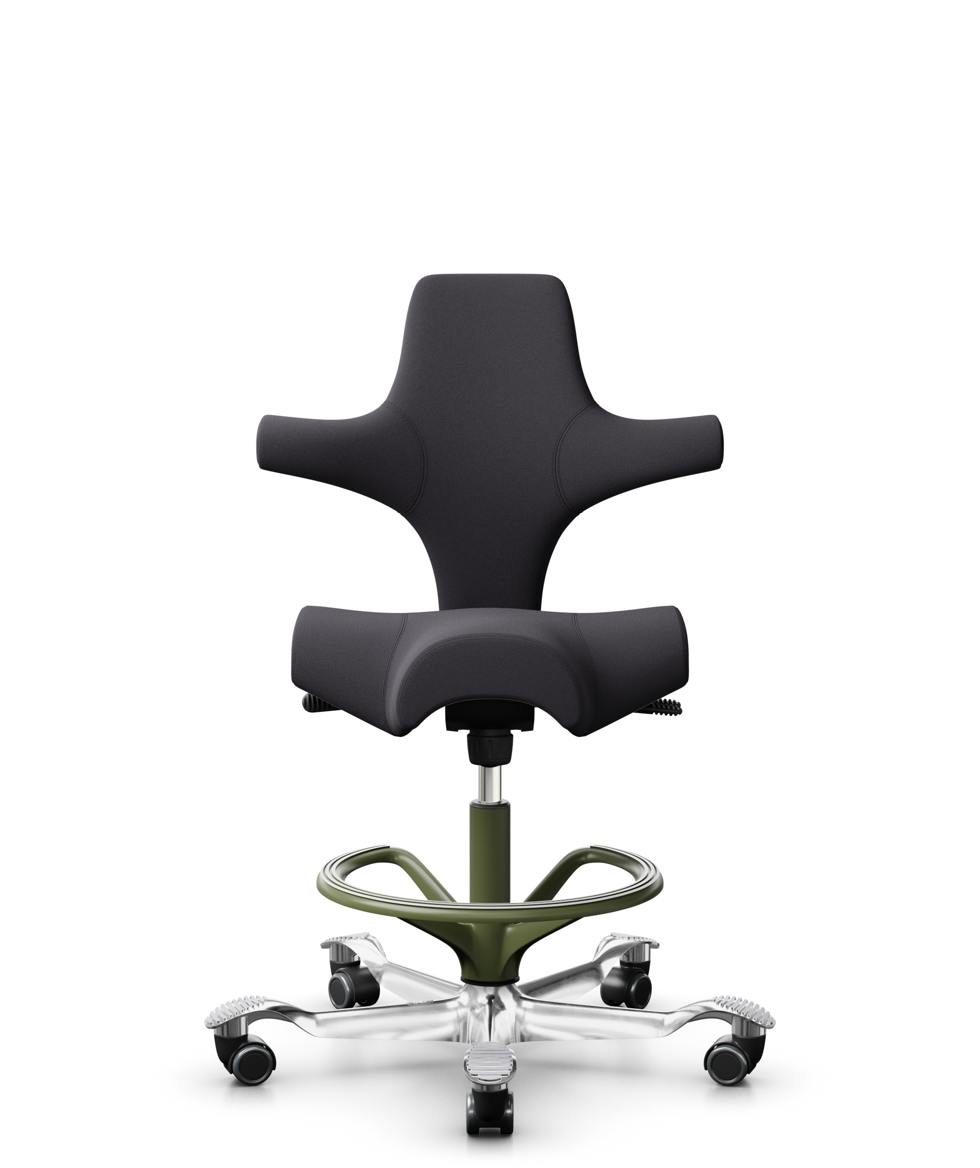 HÅG Capisco 8106 - Xtreme (Camira) - Gerecycled Polyester - EXR145 - Charcoal - Framekleur - Moss Grey - Gasveer - 265 mm (Zithoogte 53-79cm) - Vloercontact - Harde wielen t.b.v. zachte vloeren - Voetenring - Ja, in framekleur - Voetster - Ja, voetster... - 1