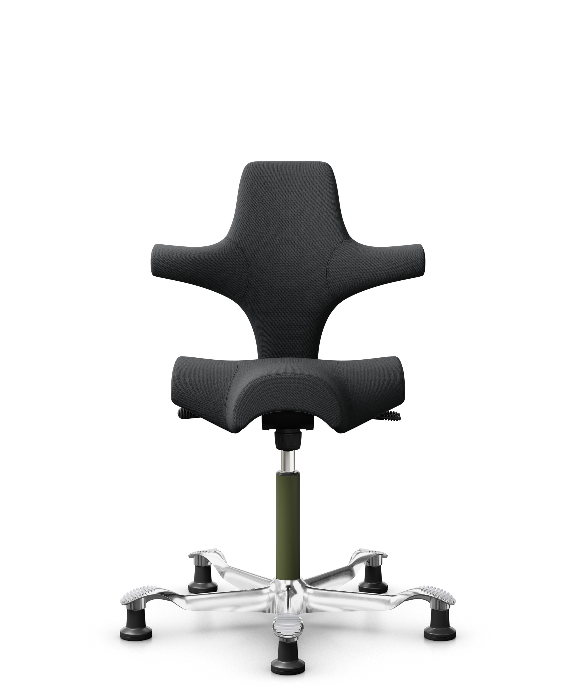 HÅG Capisco 8106 - Select (Gabriel) - Wol / Polyamide - SC60051 - Charcoal - Framekleur - Moss Grey - Gasveer - 150 mm (Zithoogte 40-55cm) - Vloercontact - Glijdoppen - Voetenring - Nee, geen voetenring - Voetster - Ja, voetster in gepolijst aluminium - 1