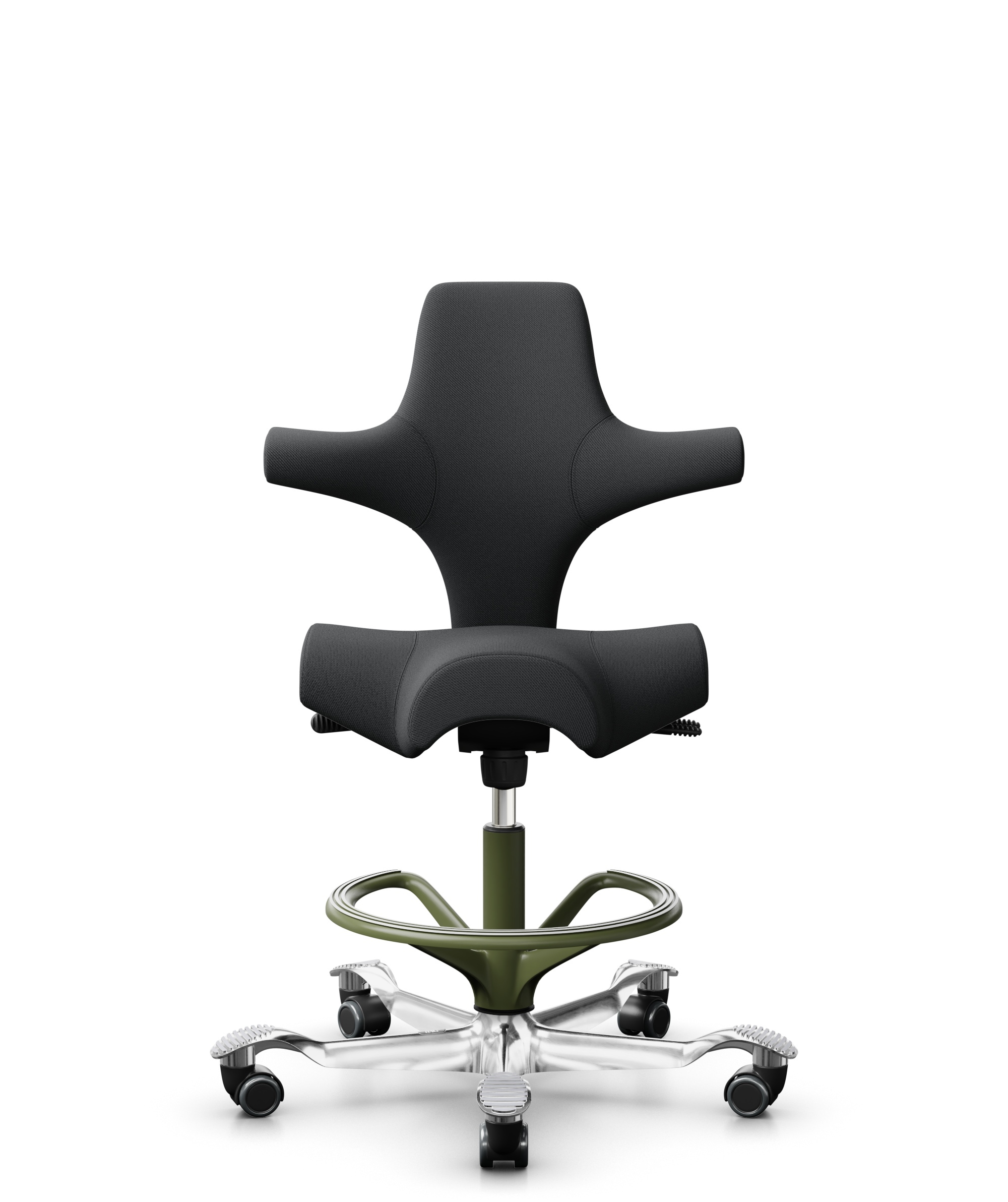 HÅG Capisco 8106 - Select (Gabriel) - Wol / Polyamide - SC60051 - Charcoal - Framekleur - Moss Grey - Gasveer - 265 mm (Zithoogte 53-79cm) - Vloercontact - Harde wielen t.b.v. zachte vloeren - Voetenring - Ja, in framekleur - Voetster - Ja, voetster in... - 1
