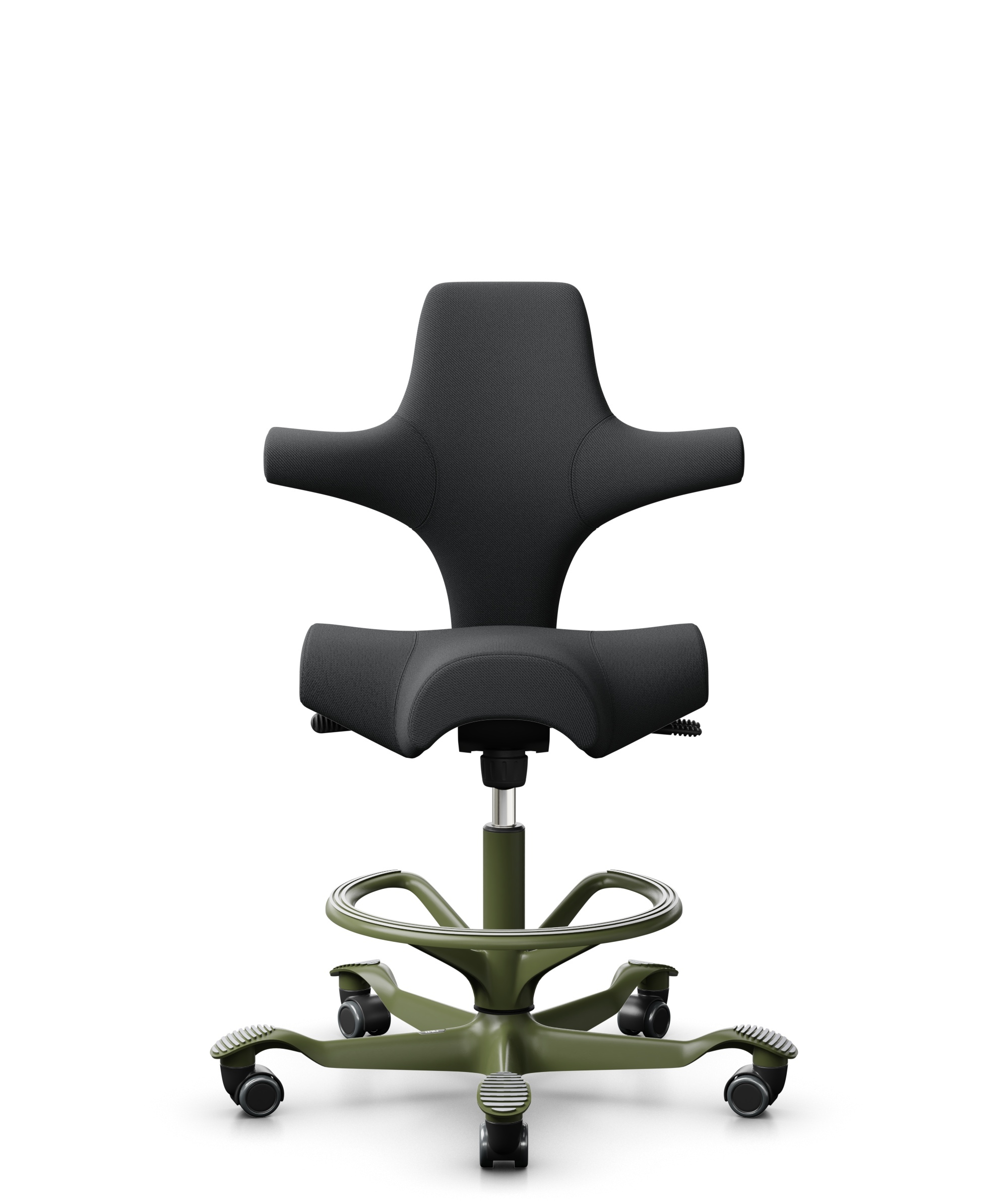 HÅG Capisco 8106 - Select (Gabriel) - Wol / Polyamide - SC60051 - Charcoal - Framekleur - Moss Grey - Gasveer - 265 mm (Zithoogte 53-79cm) - Vloercontact - Zachte wielen t.b.v. harde vloeren - Voetenring - Ja, in framekleur - Voetster - Nee, voetster i... - 1