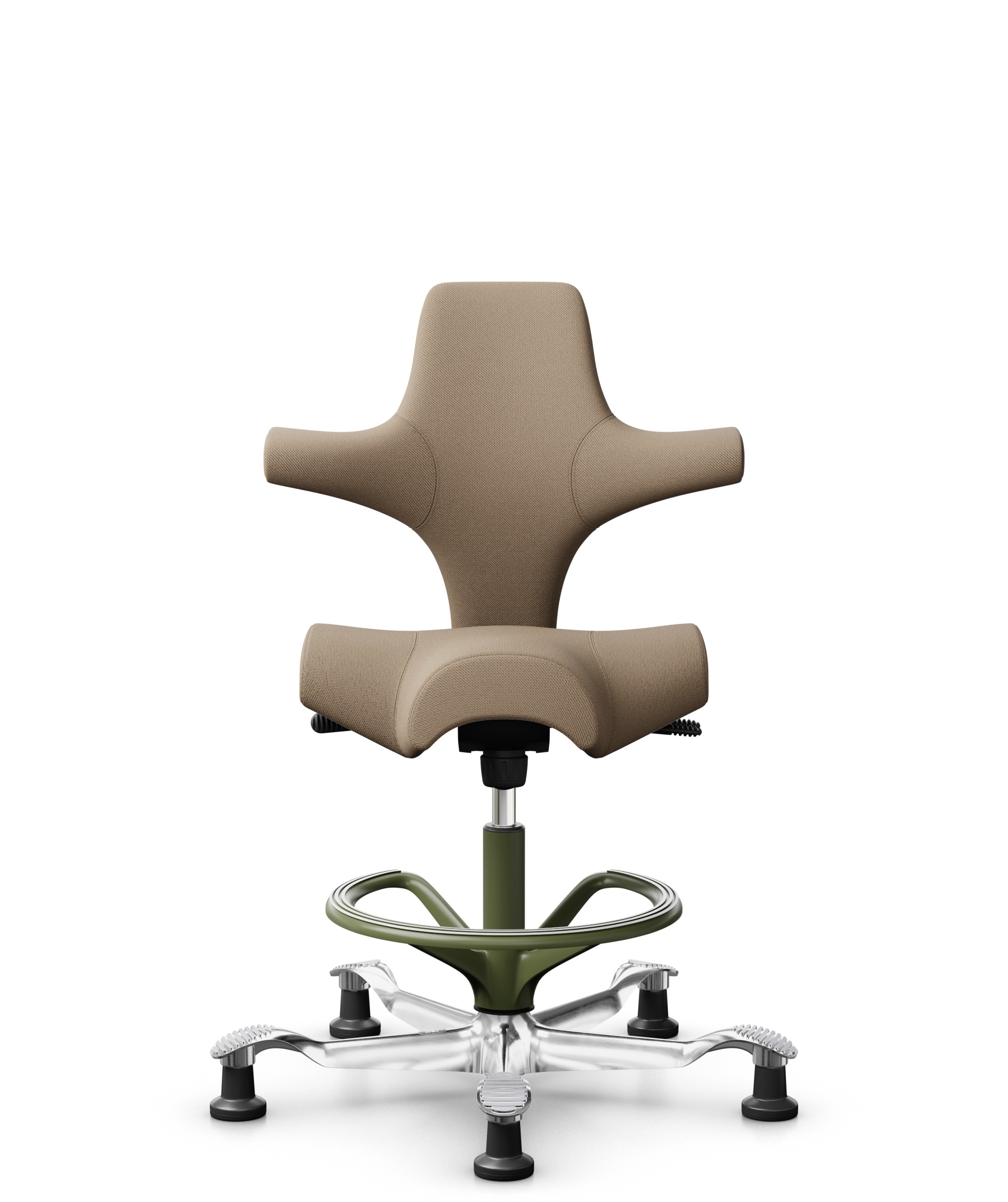 HÅG Capisco 8106 - Select (Gabriel) - Wol / Polyamide - SC61184 - Light brown - Framekleur - Moss Grey - Gasveer - 200 mm (Zithoogte 46-64cm) - Vloercontact - Glijdoppen - Voetenring - Ja, in framekleur - Voetster - Ja, voetster in gepolijst aluminium - 1