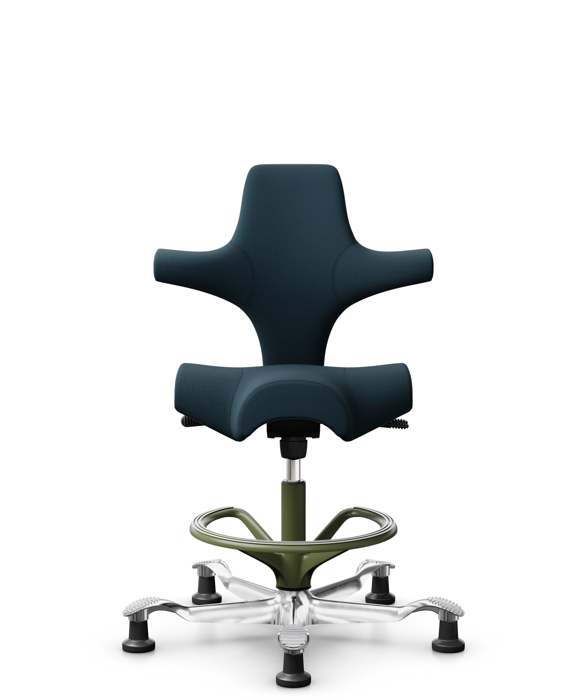 HÅG Capisco 8106 - Select (Gabriel) - Wol / Polyamide - SC66194 - Blue - Framekleur - Moss Grey - Gasveer - 200 mm (Zithoogte 46-64cm) - Vloercontact - Glijdoppen - Voetenring - Ja, in framekleur - Voetster - Ja, voetster in gepolijst aluminium - 1