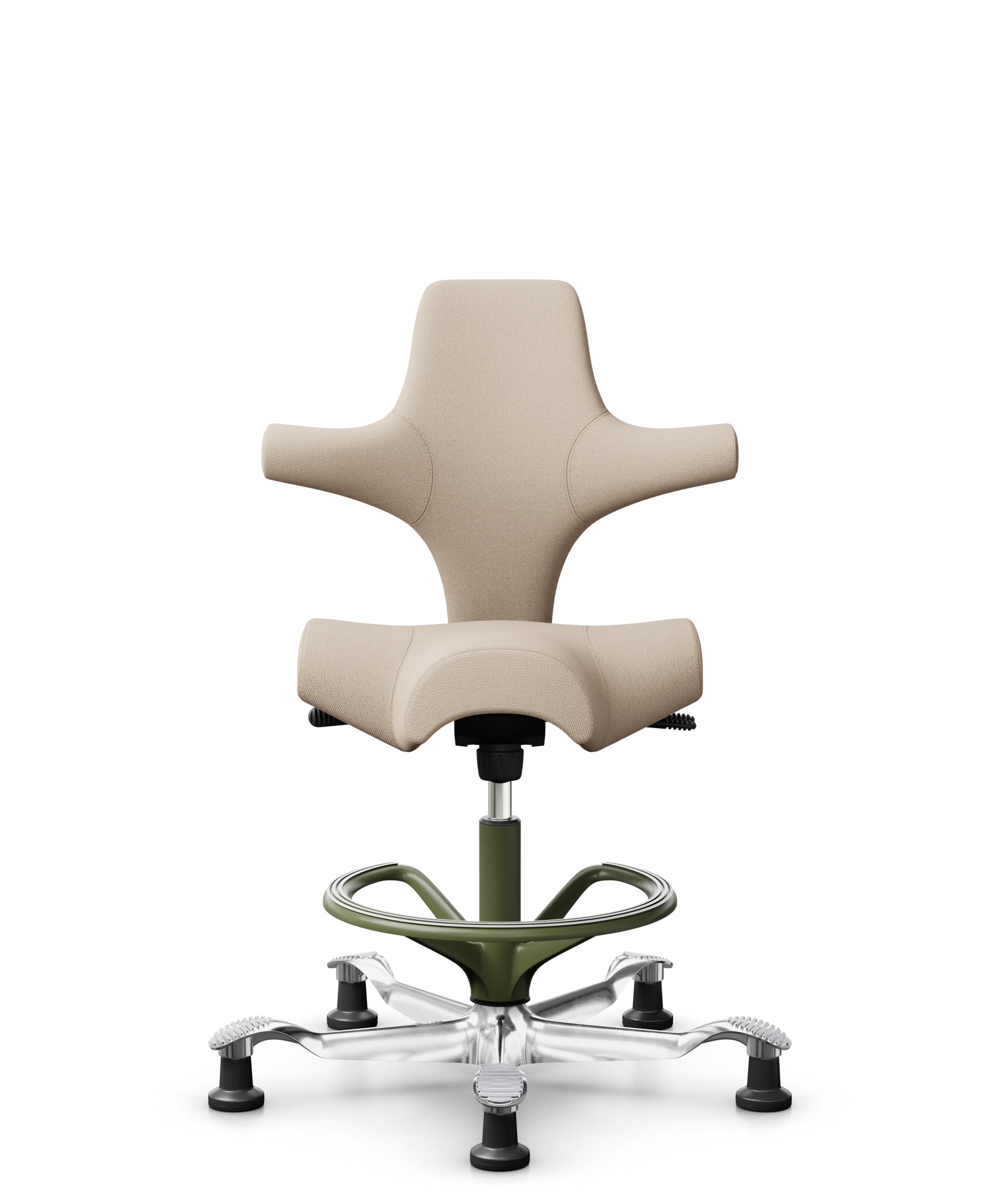 HÅG Capisco 8106 - Select (Gabriel) - Wol / Polyamide - SC61188 - Light beige - Framekleur - Moss Grey - Gasveer - 265 mm (Zithoogte 53-79cm) - Vloercontact - Glijdoppen - Voetenring - Ja, in framekleur - Voetster - Ja, voetster in gepolijst aluminium - 1
