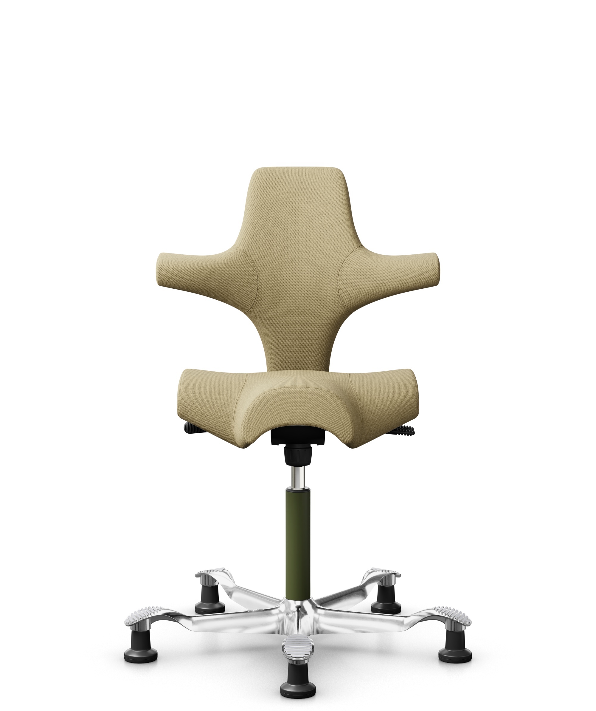 HÅG Capisco 8106 - Select (Gabriel) - Wol / Polyamide - SC62097 - Light ochre - Framekleur - Moss Grey - Gasveer - 150 mm (Zithoogte 40-55cm) - Vloercontact - Glijdoppen - Voetenring - Nee, geen voetenring - Voetster - Ja, voetster in gepolijst aluminium - 1