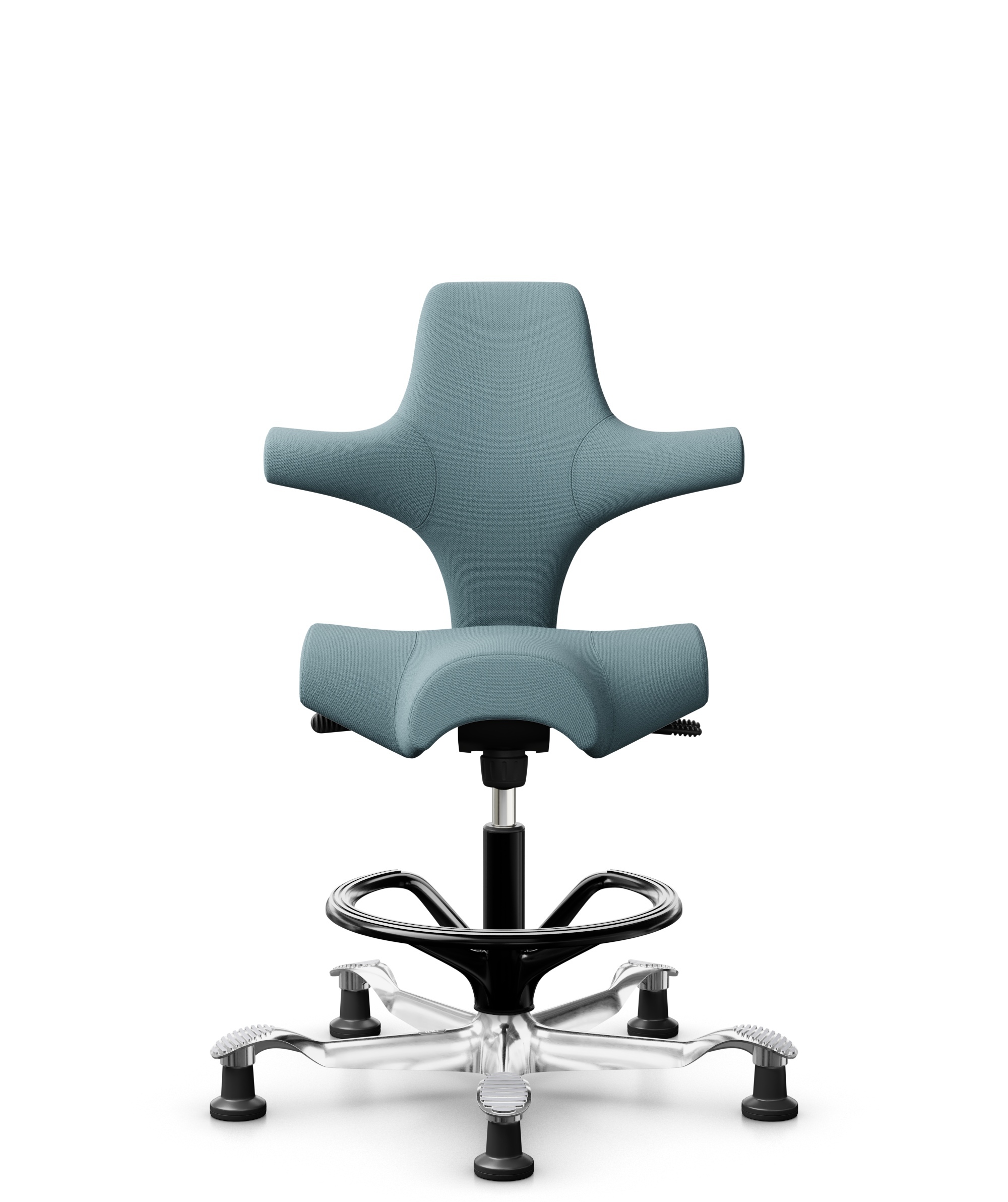 HÅG Capisco 8106 - Select (Gabriel) - Wol / Polyamide - SC67098 - Glacier blue - Framekleur - Zwart - Gasveer - 200 mm (Zithoogte 46-64cm) - Vloercontact - Glijdoppen - Voetenring - Ja, in framekleur - Voetster - Ja, voetster in gepolijst aluminium - 1