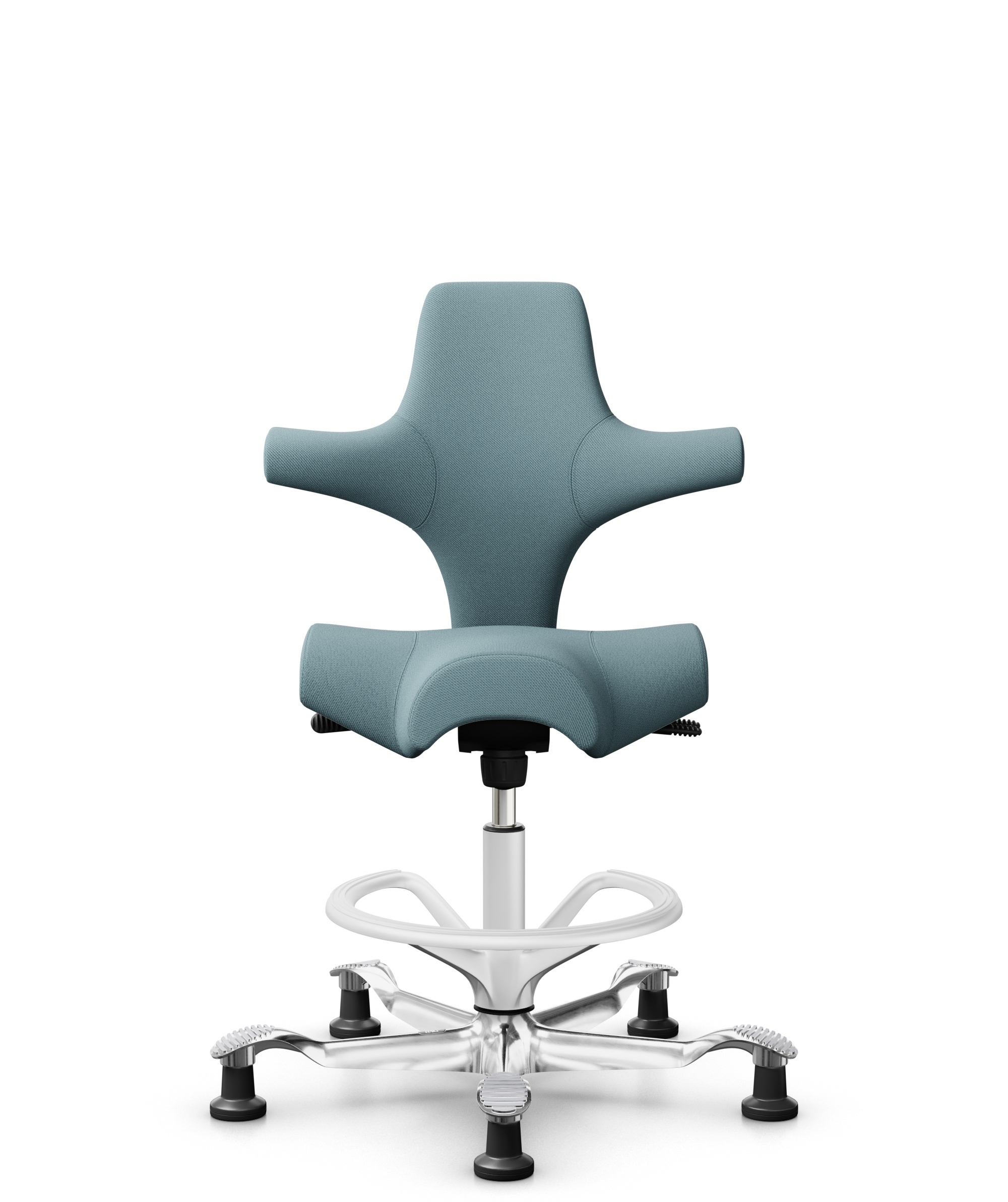 HÅG Capisco 8106 - Select (Gabriel) - Wol / Polyamide - SC67098 - Glacier blue - Framekleur - Wit - Gasveer - 200 mm (Zithoogte 46-64cm) - Vloercontact - Glijdoppen - Voetenring - Ja, in framekleur - Voetster - Ja, voetster in gepolijst aluminium - 1
