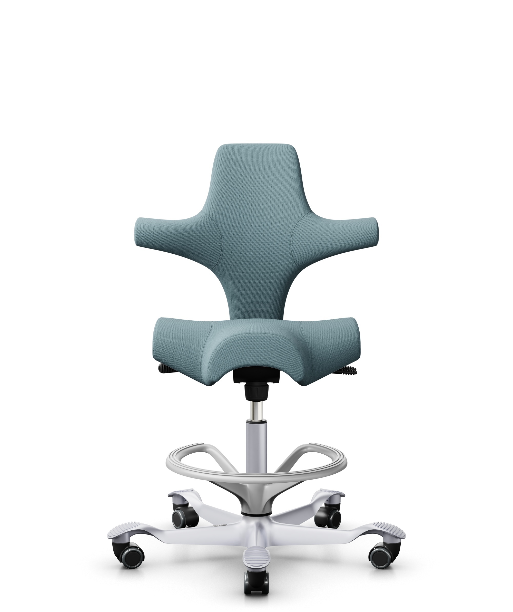 HÅG Capisco 8106 - Select (Gabriel) - Wol / Polyamide - SC67098 - Glacier blue - Framekleur - Zilver - Gasveer - 265 mm (Zithoogte 53-79cm) - Vloercontact - Harde wielen t.b.v. zachte vloeren - Voetenring - Ja, in framekleur - Voetster - Nee, voetster ... - 1