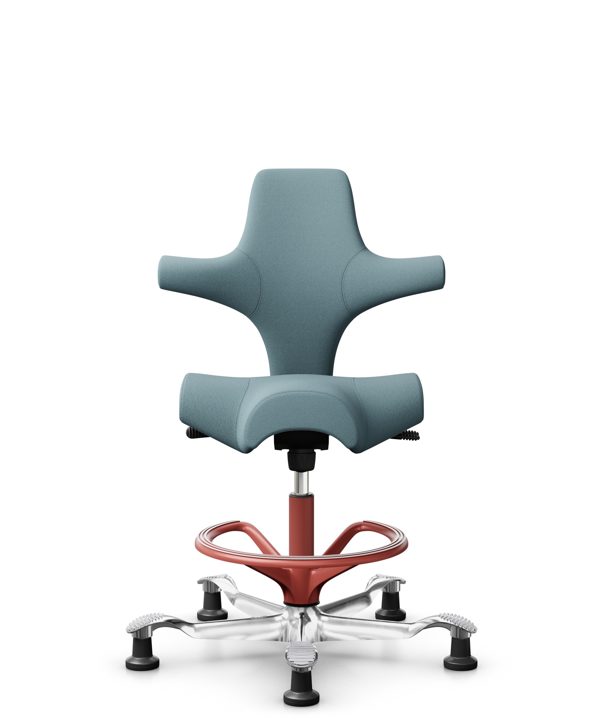 HÅG Capisco 8106 - Select (Gabriel) - Wol / Polyamide - SC67098 - Glacier blue - Framekleur - Blush Rose - Gasveer - 265 mm (Zithoogte 53-79cm) - Vloercontact - Glijdoppen - Voetenring - Ja, in framekleur - Voetster - Ja, voetster in gepolijst aluminium - 1