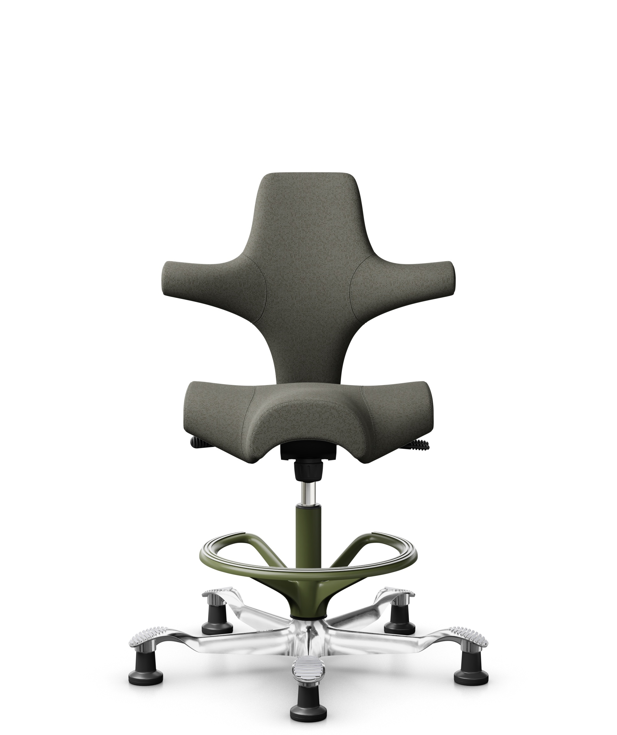 HÅG Capisco 8106 - Capture (Gabriel) - Wol / Polyamide - CPT4401 - Warm grey - Framekleur - Moss Grey - Gasveer - 265 mm (Zithoogte 53-79cm) - Vloercontact - Glijdoppen - Voetenring - Ja, in framekleur - Voetster - Ja, voetster in gepolijst aluminium - 1