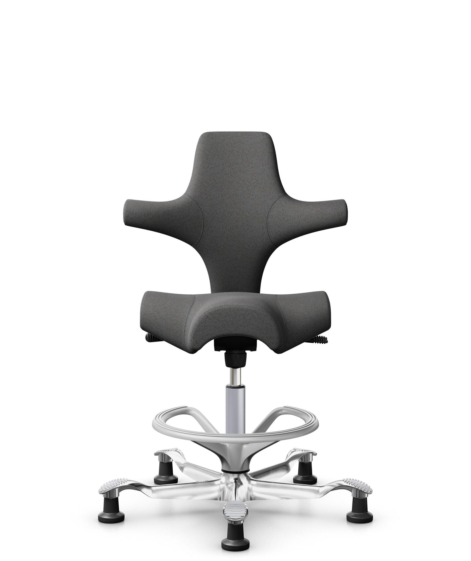 HÅG Capisco 8106 - Capture (Gabriel) - Wol / Polyamide - CPT4601 - Dark grey - Framekleur - Zilver - Gasveer - 200 mm (Zithoogte 46-64cm) - Vloercontact - Glijdoppen - Voetenring - Ja, in framekleur - Voetster - Ja, voetster in gepolijst aluminium - 1