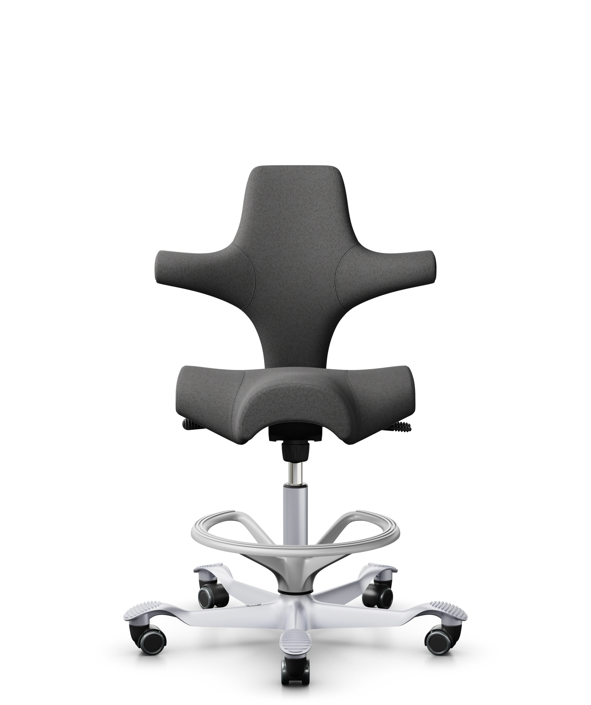 HÅG Capisco 8106 - Capture (Gabriel) - Wol / Polyamide - CPT4601 - Dark grey - Framekleur - Zilver - Gasveer - 265 mm (Zithoogte 53-79cm) - Vloercontact - Harde wielen t.b.v. zachte vloeren - Voetenring - Ja, in framekleur - Voetster - Nee, voetster in... - 1