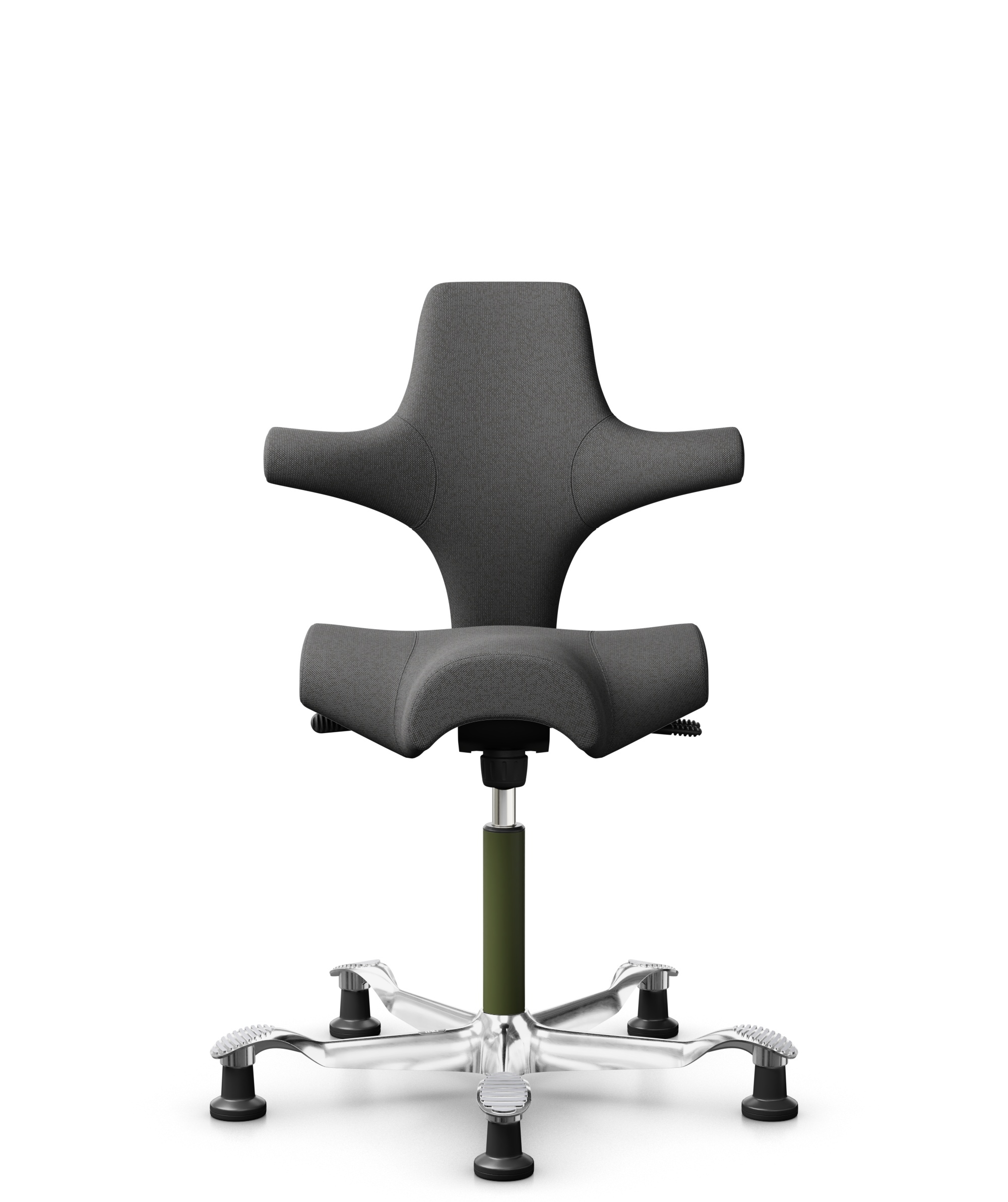 HÅG Capisco 8106 - Capture (Gabriel) - Wol / Polyamide - CPT4601 - Dark grey - Framekleur - Moss Grey - Gasveer - 150 mm (Zithoogte 40-55cm) - Vloercontact - Glijdoppen - Voetenring - Nee, geen voetenring - Voetster - Ja, voetster in gepolijst aluminium - 1