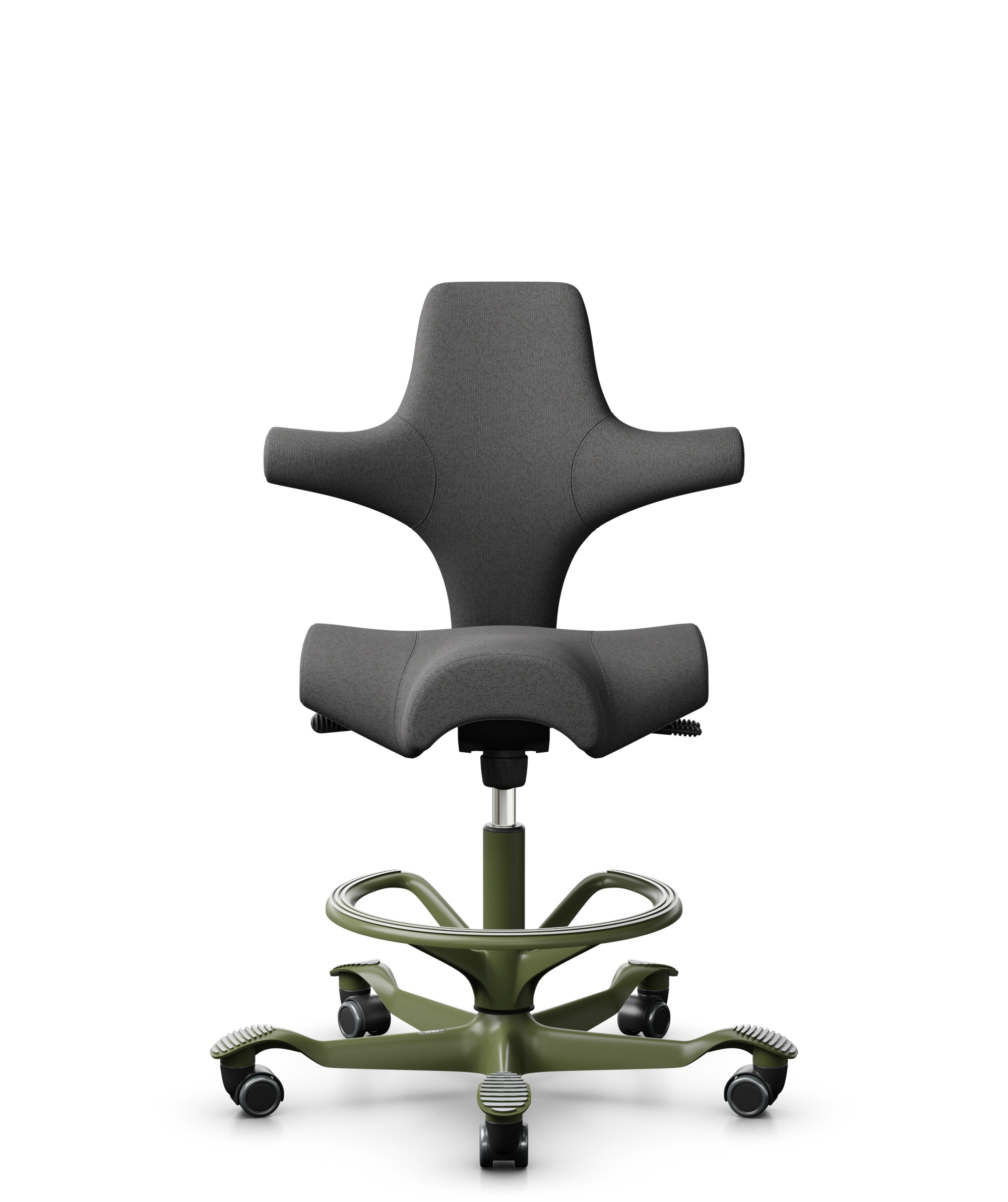HÅG Capisco 8106 - Capture (Gabriel) - Wol / Polyamide - CPT4601 - Dark grey - Framekleur - Moss Grey - Gasveer - 265 mm (Zithoogte 53-79cm) - Vloercontact - Zachte wielen t.b.v. harde vloeren - Voetenring - Ja, in framekleur - Voetster - Nee, voetster... - 1