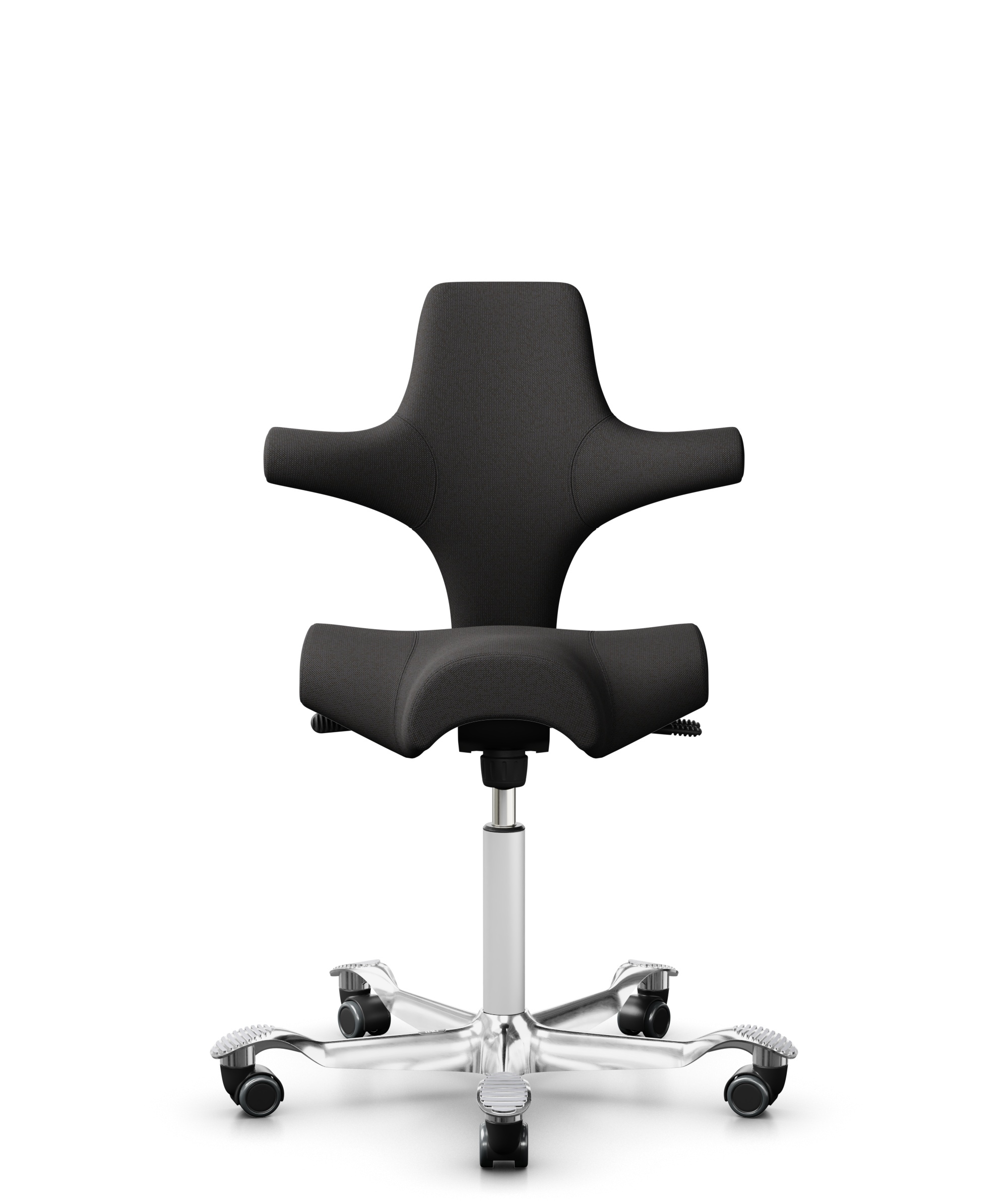 HÅG Capisco 8106 - Capture (Gabriel) - Wol / Polyamide - CPT5501 - Charcoal - Framekleur - Wit - Gasveer - 150 mm (Zithoogte 40-55cm) - Vloercontact - Zachte wielen t.b.v. harde vloeren - Voetenring - Nee, geen voetenring - Voetster - Ja, voetster in g... - 1