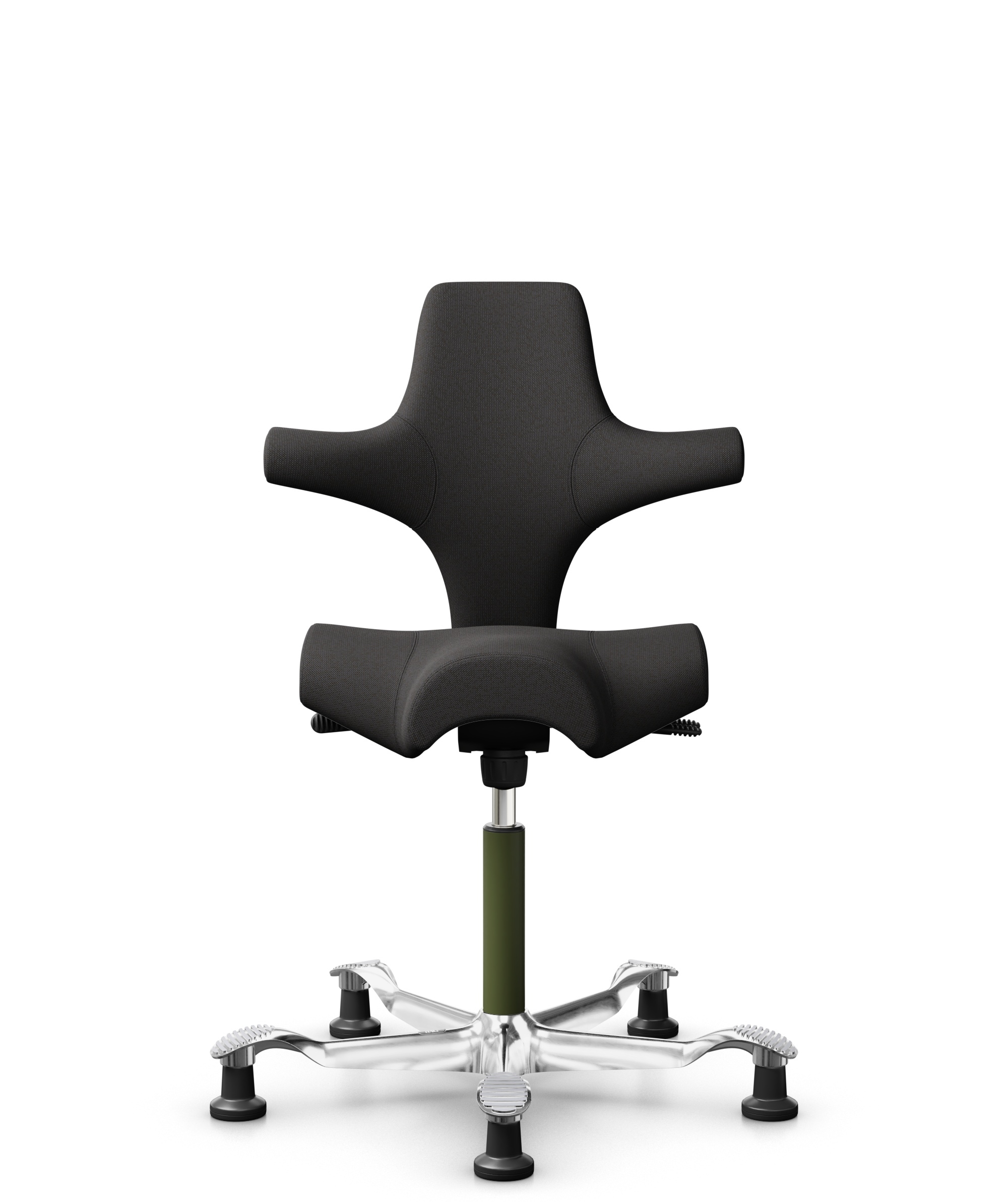 HÅG Capisco 8106 - Capture (Gabriel) - Wol / Polyamide - CPT5501 - Charcoal - Framekleur - Moss Grey - Gasveer - 200 mm (Zithoogte 46-64cm) - Vloercontact - Glijdoppen - Voetenring - Nee, geen voetenring - Voetster - Ja, voetster in gepolijst aluminium - 1