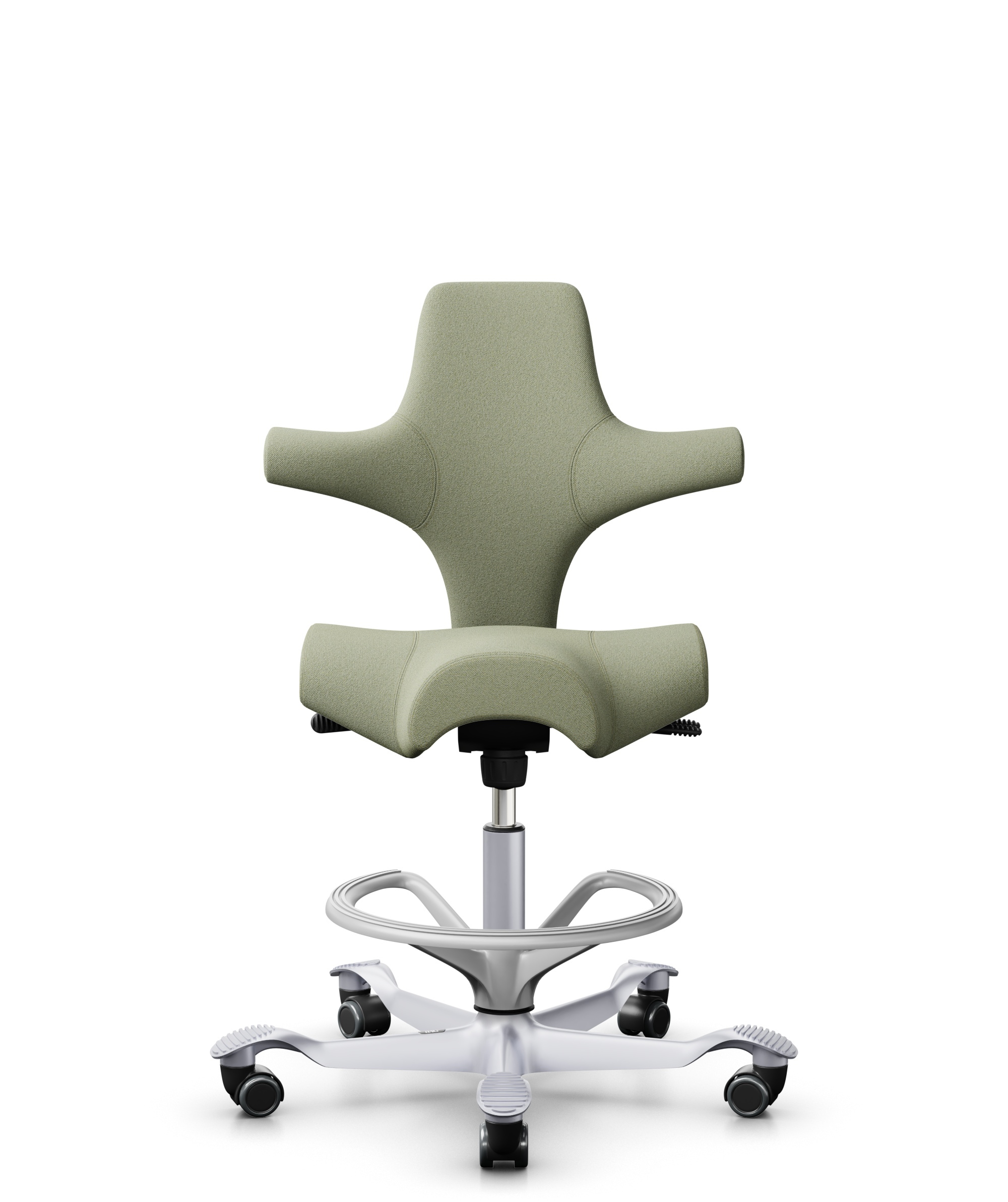 HÅG Capisco 8106 - Capture (Gabriel) - Wol / Polyamide - CPT5101 - Green-grey - Framekleur - Zilver - Gasveer - 200 mm (Zithoogte 46-64cm) - Vloercontact - Zachte wielen t.b.v. harde vloeren - Voetenring - Ja, in framekleur - Voetster - Nee, voetster i... - 1
