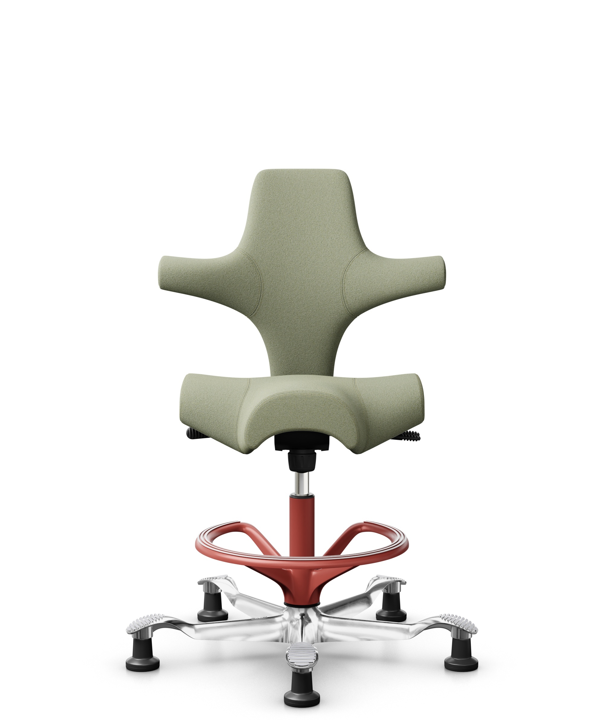 HÅG Capisco 8106 - Capture (Gabriel) - Wol / Polyamide - CPT5101 - Green-grey - Framekleur - Blush Rose - Gasveer - 200 mm (Zithoogte 46-64cm) - Vloercontact - Glijdoppen - Voetenring - Ja, in framekleur - Voetster - Ja, voetster in gepolijst aluminium - 1