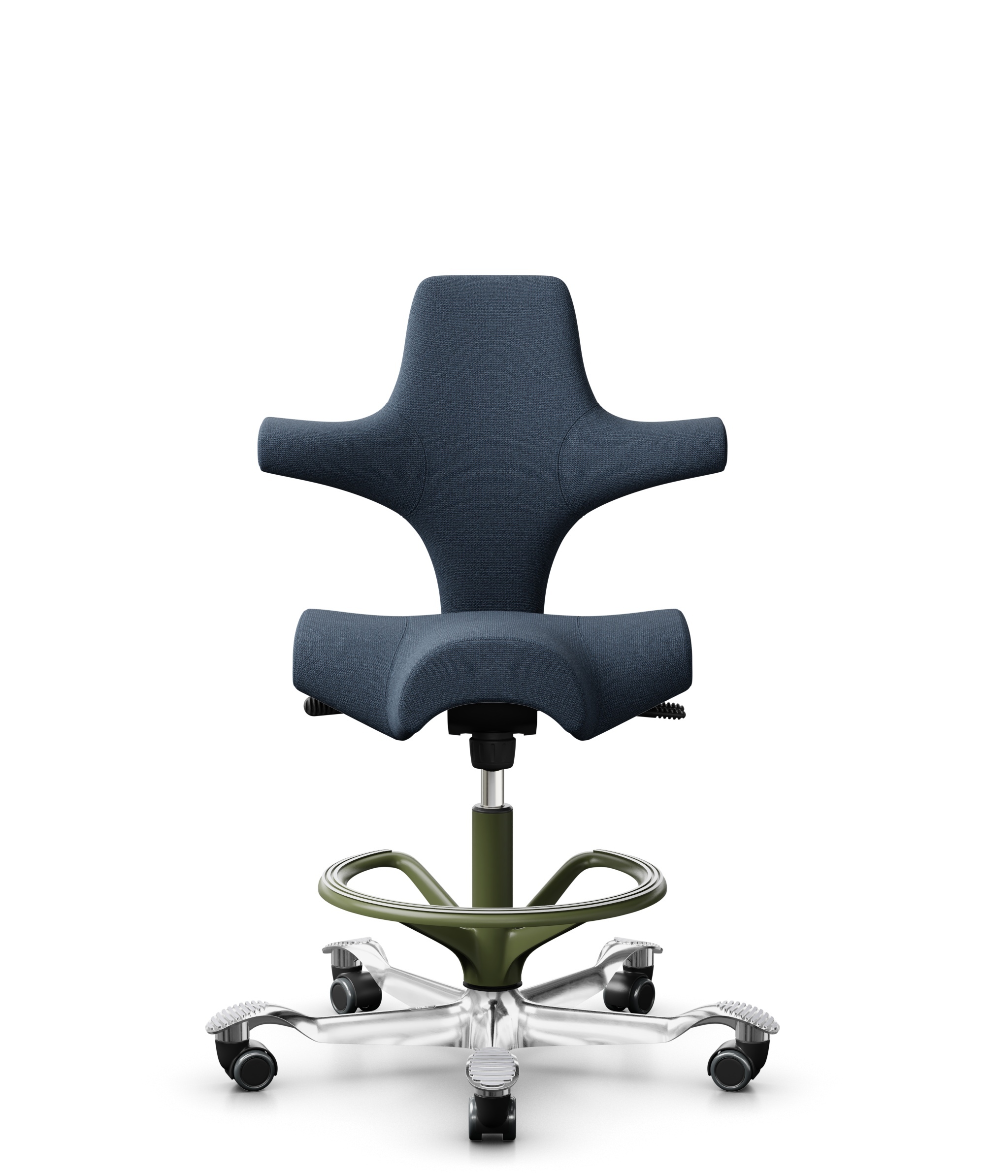 HÅG Capisco 8106 - Capture (Gabriel) - Wol / Polyamide - CPT6001 - Dark blue - Framekleur - Moss Grey - Gasveer - 200 mm (Zithoogte 46-64cm) - Vloercontact - Harde wielen t.b.v. zachte vloeren - Voetenring - Ja, in framekleur - Voetster - Ja, voetster ... - 1