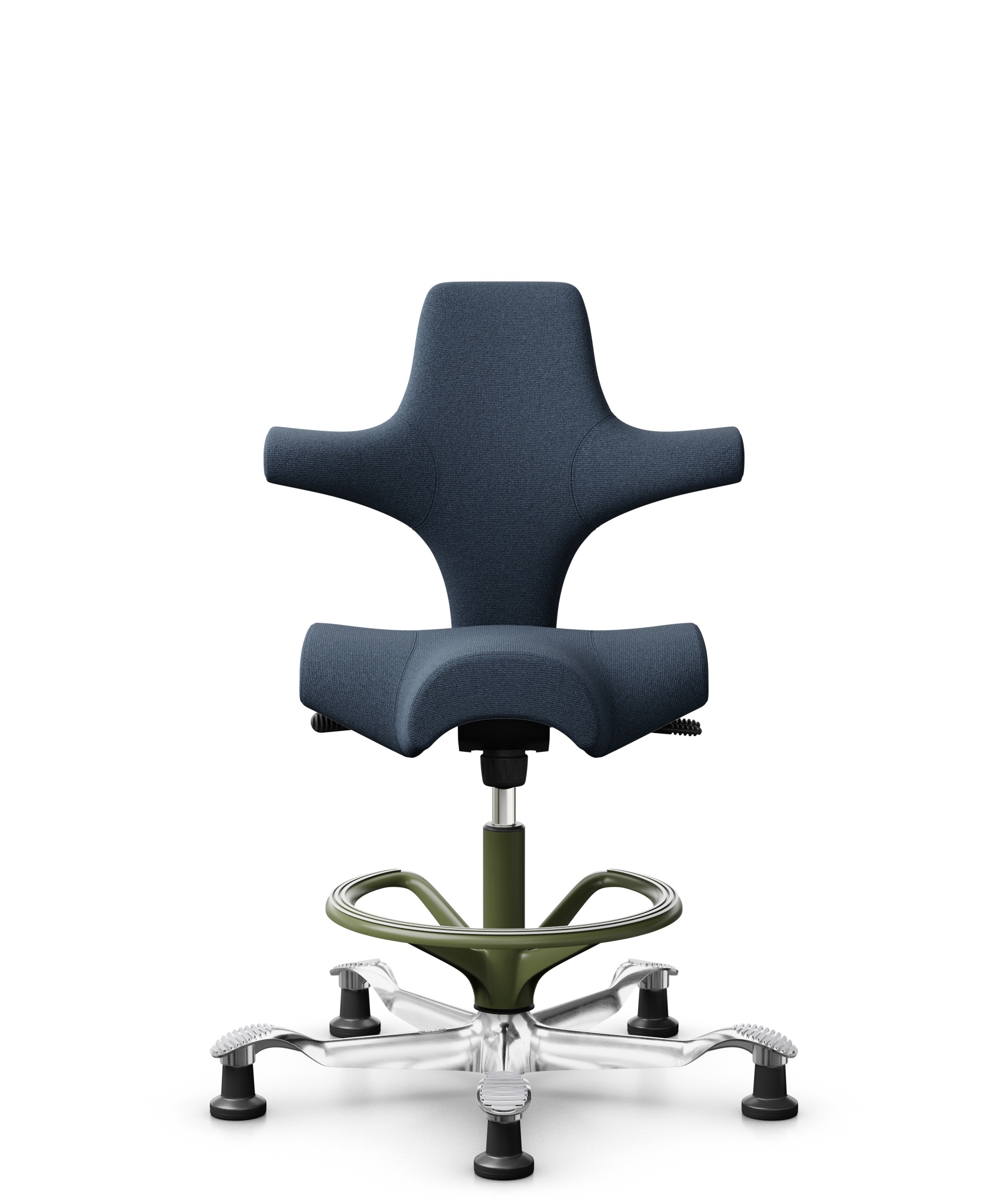HÅG Capisco 8106 - Capture (Gabriel) - Wol / Polyamide - CPT6001 - Dark blue - Framekleur - Moss Grey - Gasveer - 265 mm (Zithoogte 53-79cm) - Vloercontact - Glijdoppen - Voetenring - Ja, in framekleur - Voetster - Ja, voetster in gepolijst aluminium - 1
