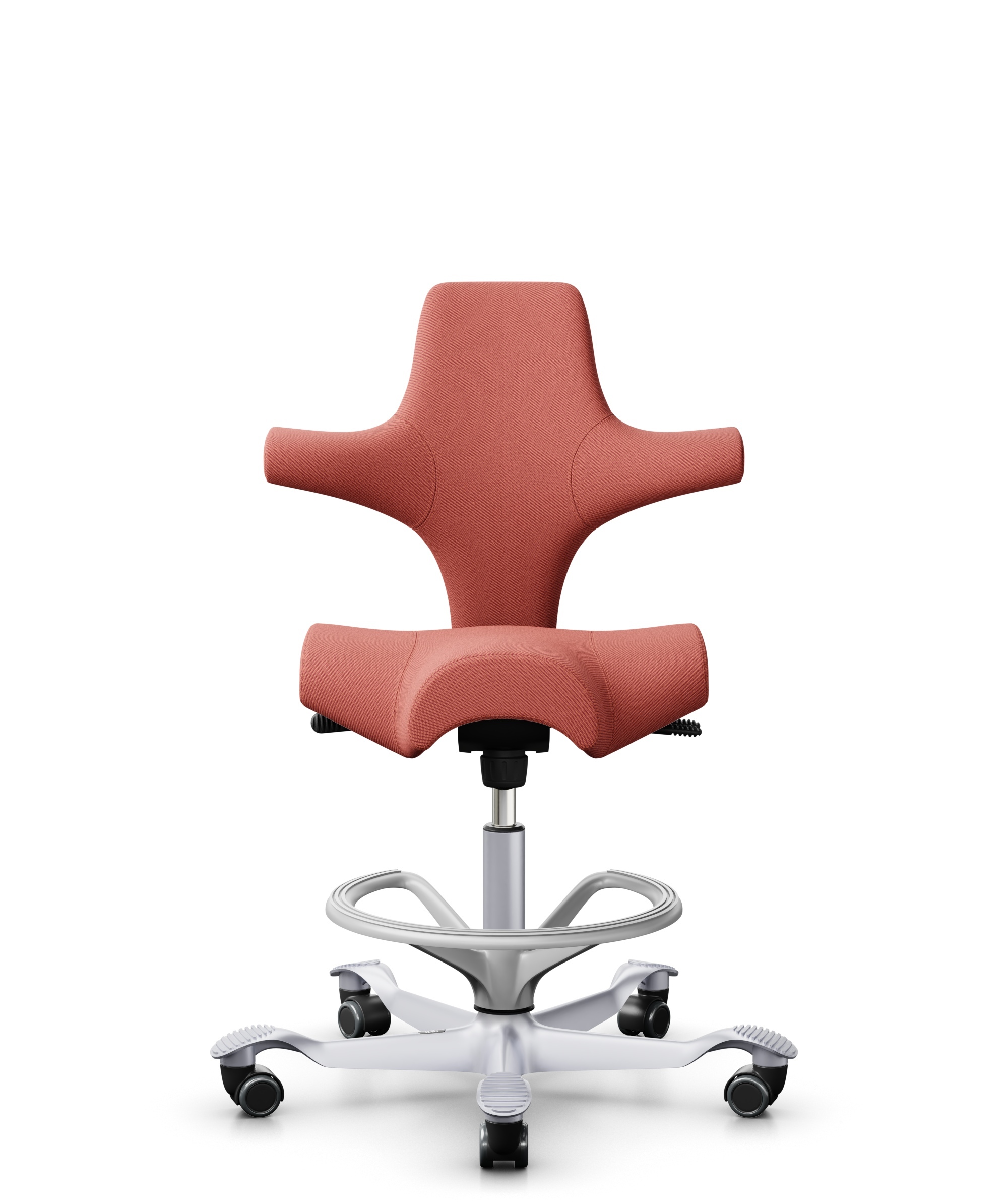 HÅG Capisco 8106 - Oceanic (Camira) - Gerecycled Polyester - OCI012 - Orange-red - Framekleur - Zilver - Gasveer - 200 mm (Zithoogte 46-64cm) - Vloercontact - Zachte wielen t.b.v. harde vloeren - Voetenring - Ja, in framekleur - Voetster - Nee, voetste... - 1