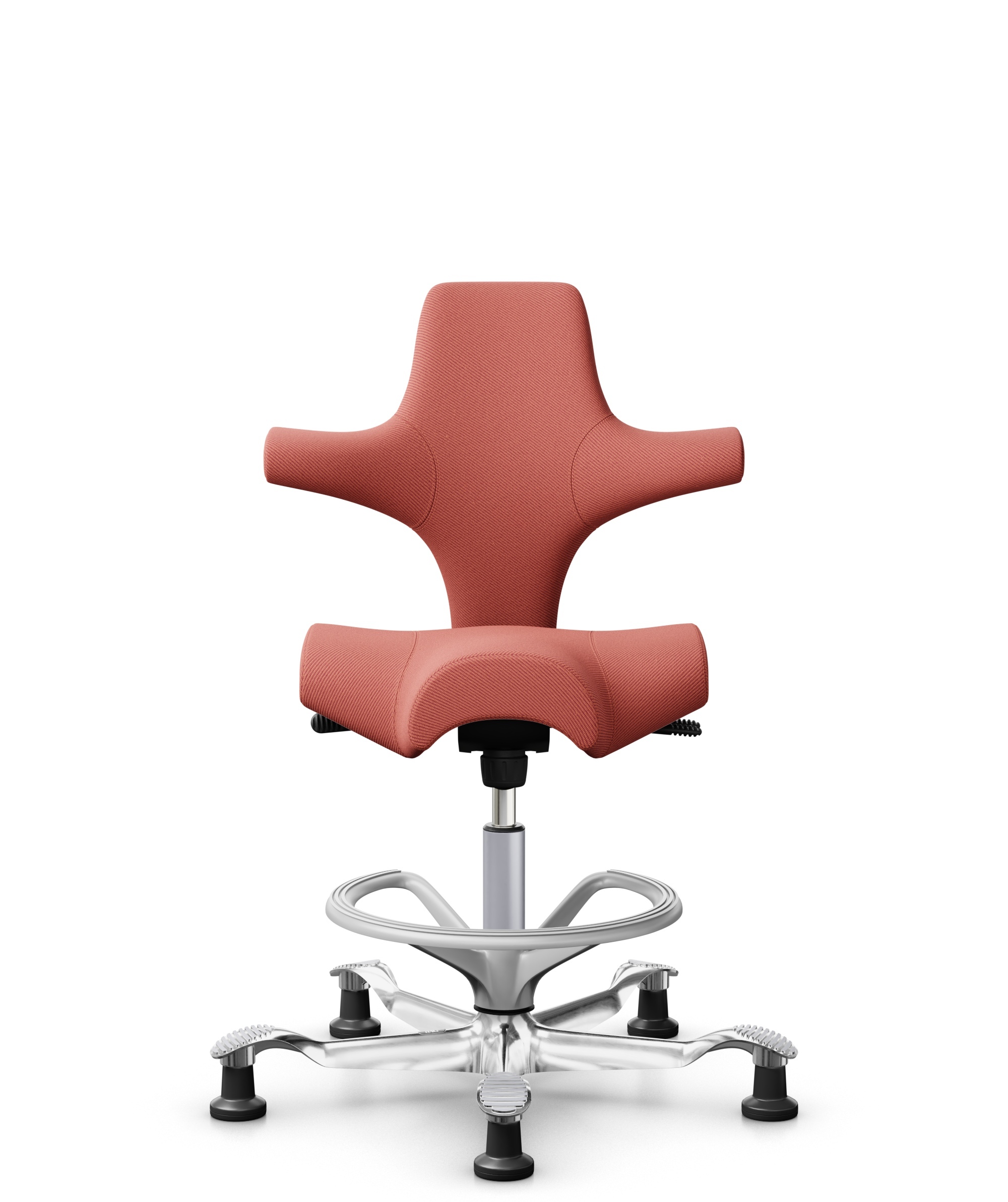HÅG Capisco 8106 - Oceanic (Camira) - Gerecycled Polyester - OCI012 - Orange-red - Framekleur - Zilver - Gasveer - 265 mm (Zithoogte 53-79cm) - Vloercontact - Glijdoppen - Voetenring - Ja, in framekleur - Voetster - Ja, voetster in gepolijst aluminium - 1