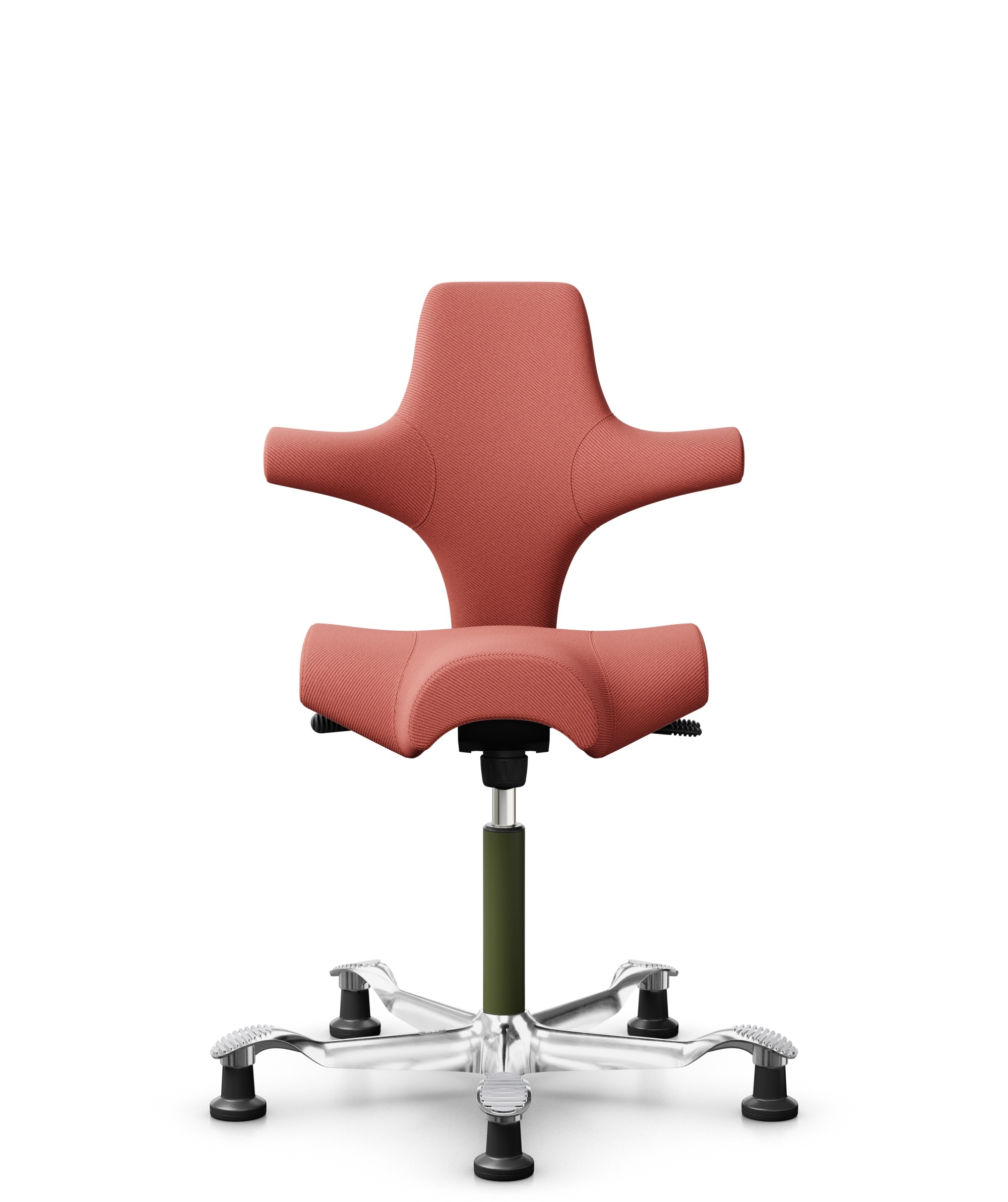 HÅG Capisco 8106 - Oceanic (Camira) - Gerecycled Polyester - OCI012 - Orange-red - Framekleur - Moss Grey - Gasveer - 150 mm (Zithoogte 40-55cm) - Vloercontact - Glijdoppen - Voetenring - Nee, geen voetenring - Voetster - Ja, voetster in gepolijst alum... - 1